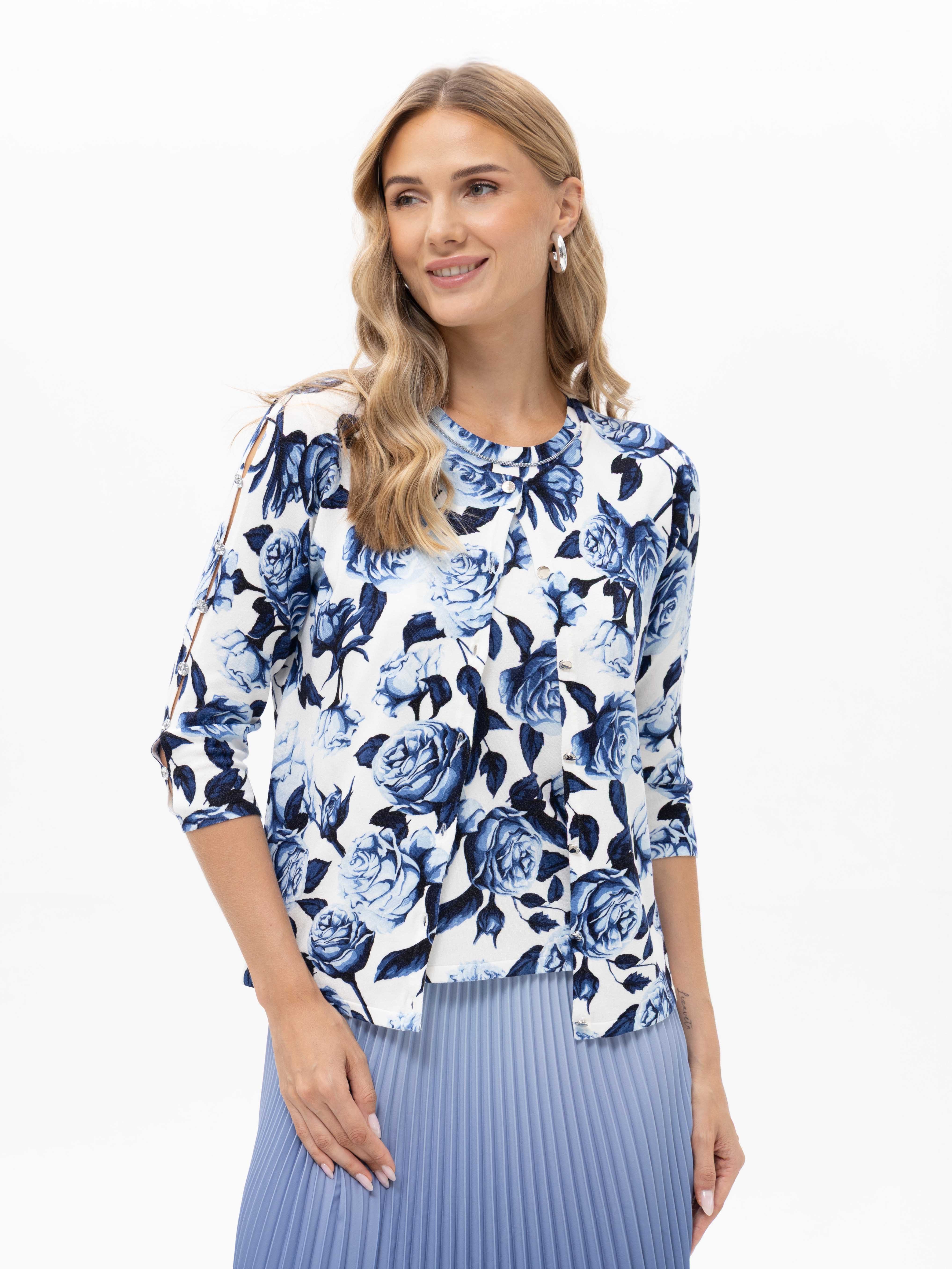 Passioni 2-in-1-Strickjacke Twinset mit Rosenmuster und Cut-Outs Cardigan mit passendem Top in blauem Blumenprint