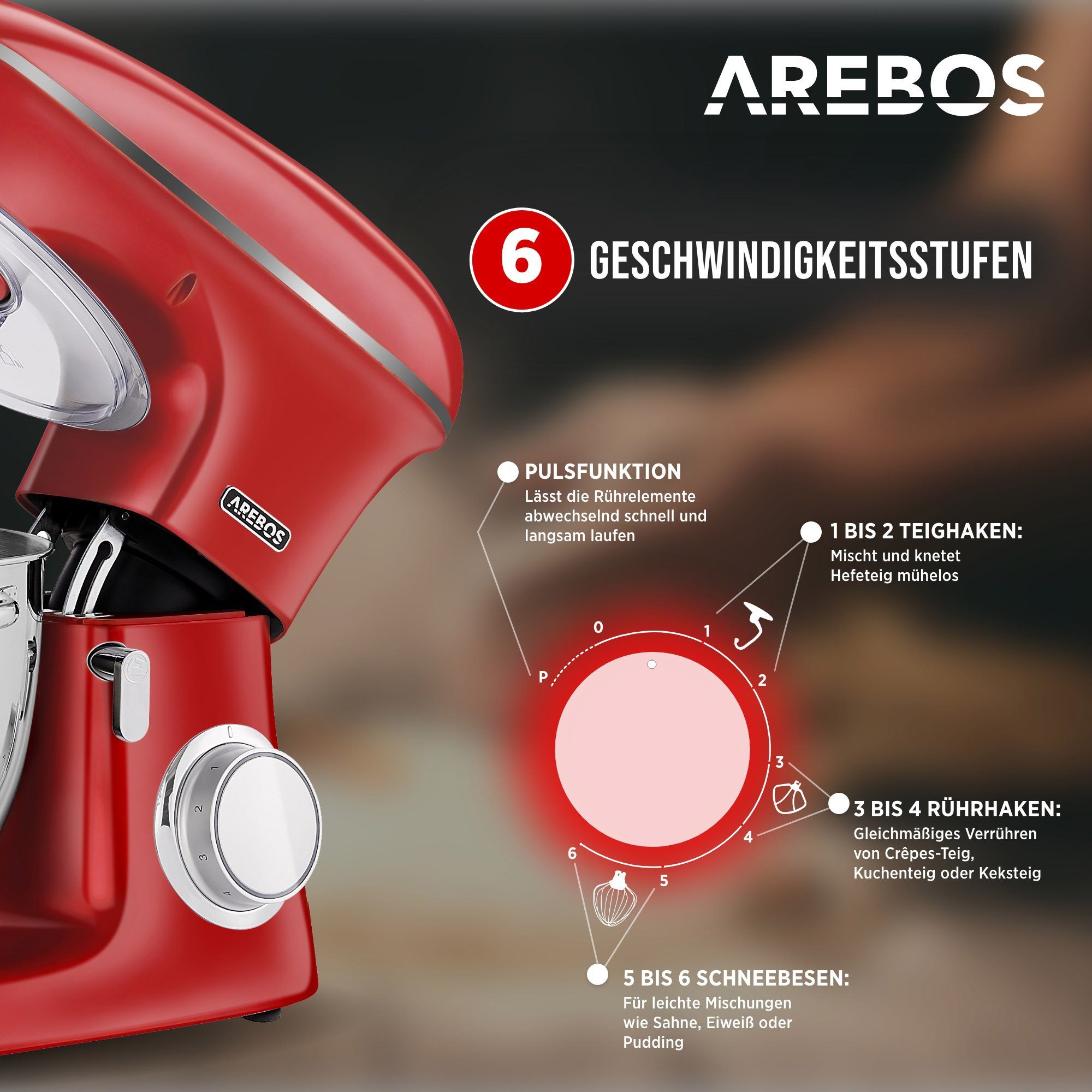 Arebos Küchenmaschine Edelstahl-Rührschüssel, rot W, Geschwindigkeiten, l 1500 8,00 Schüssel 6