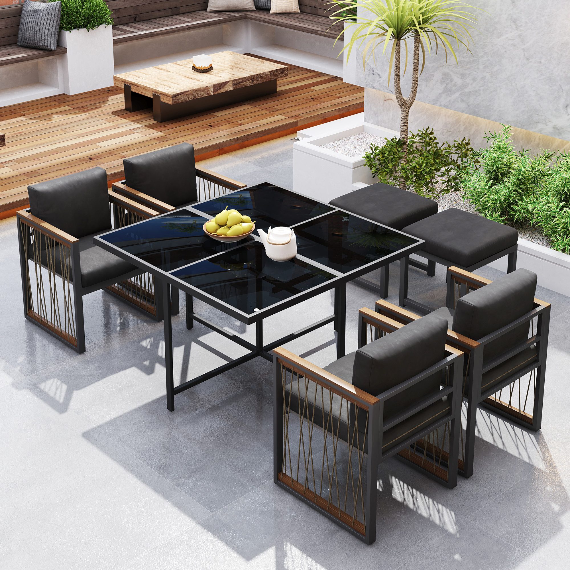 Merax Sitzgruppe aus Polyrattan, Akazienholz & verzinkten Eisenrahmen, (7-tlg., Gartengarnitur), 6-Sitzer Gartenlounge Gartenmöbel Essgruppe mit Tisch, Hocker & Sessel