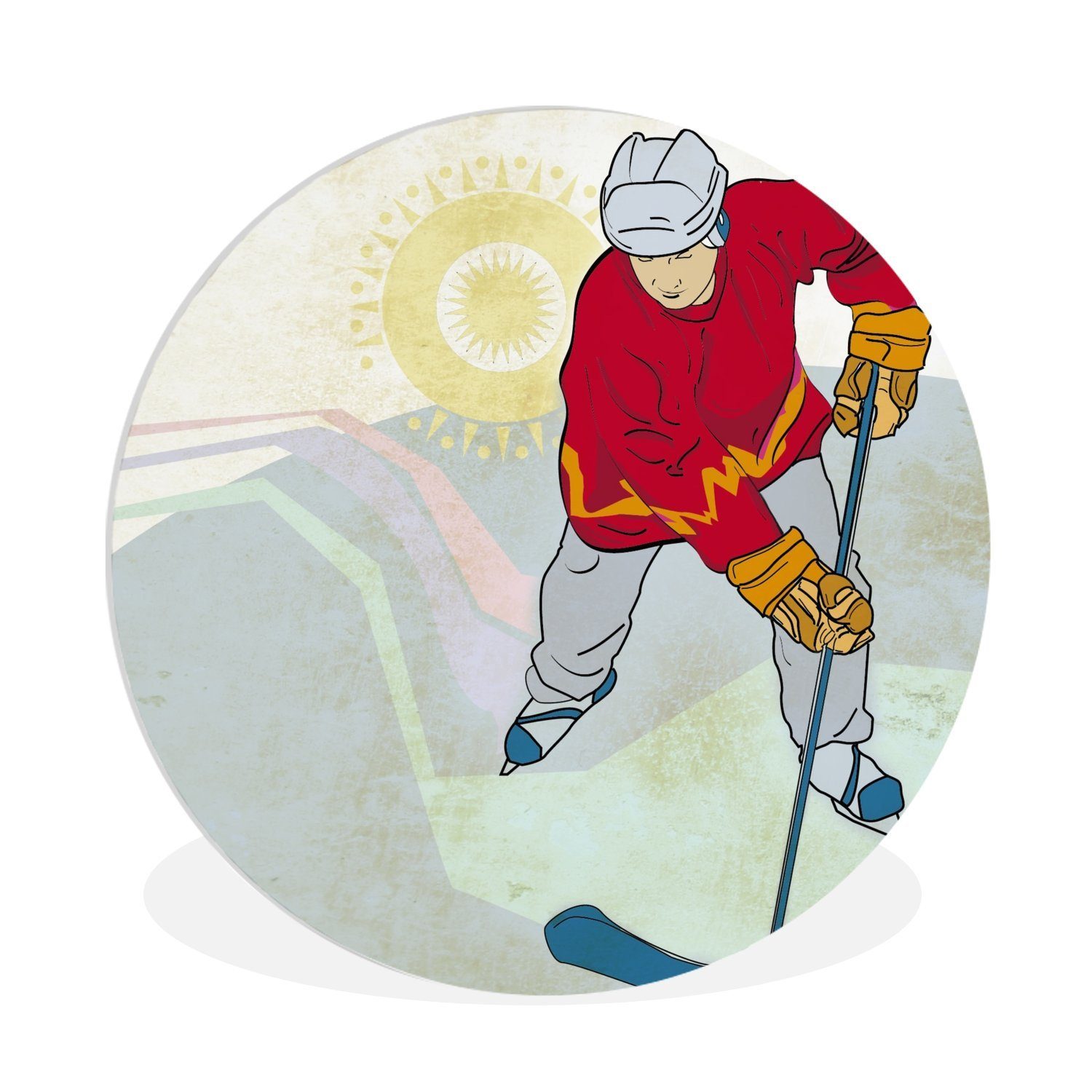 MuchoWow Gemälde Illustration eines Mannes mit einer roten Jacke, der Eishockey spielt, (1 St), Kreis Wanddekoration Forex, Rundes Wandbild, Wohnzimmer, 30x30 cm