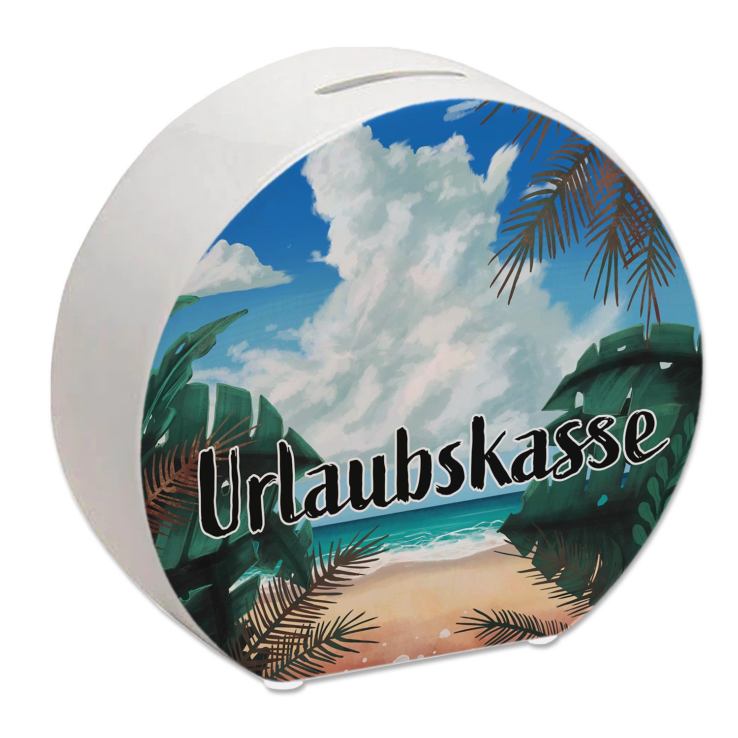 Spardose Spardose aus Keramik mit sommerlichem Strandmotiv und Palmen
