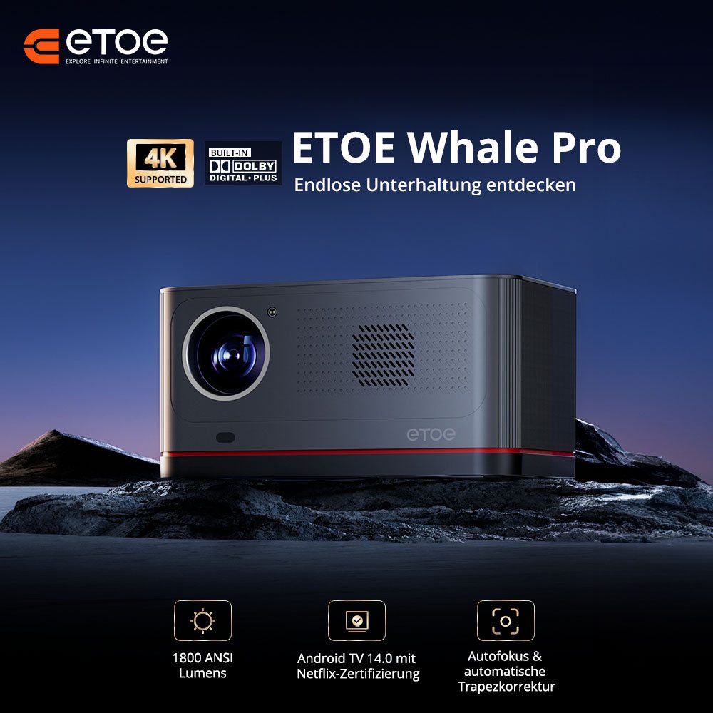 ETOE Whale Pro Android TV Beamer, Native 1080P, 1800 ANSI, 4K-Dekodierung LCD-Beamer (3000:1, 1920*1080 px, Autofokus und automatische Trapezkorrektur, NetflixYouTube)