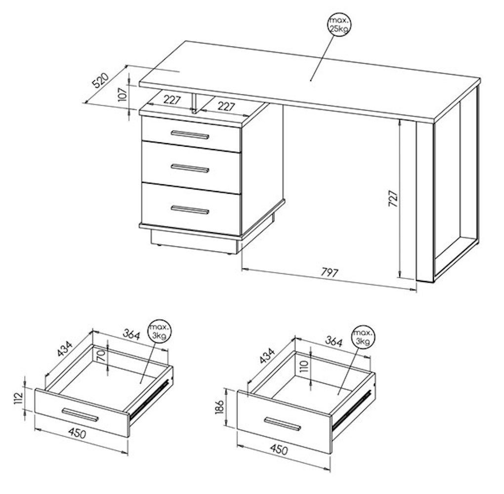 Feldmann-Wohnen Schreibtisch Lamia (Lamia, 1-St., Schreibtisch mit 3 Schubladen), 135x56cm Wotan Eiche schwarz