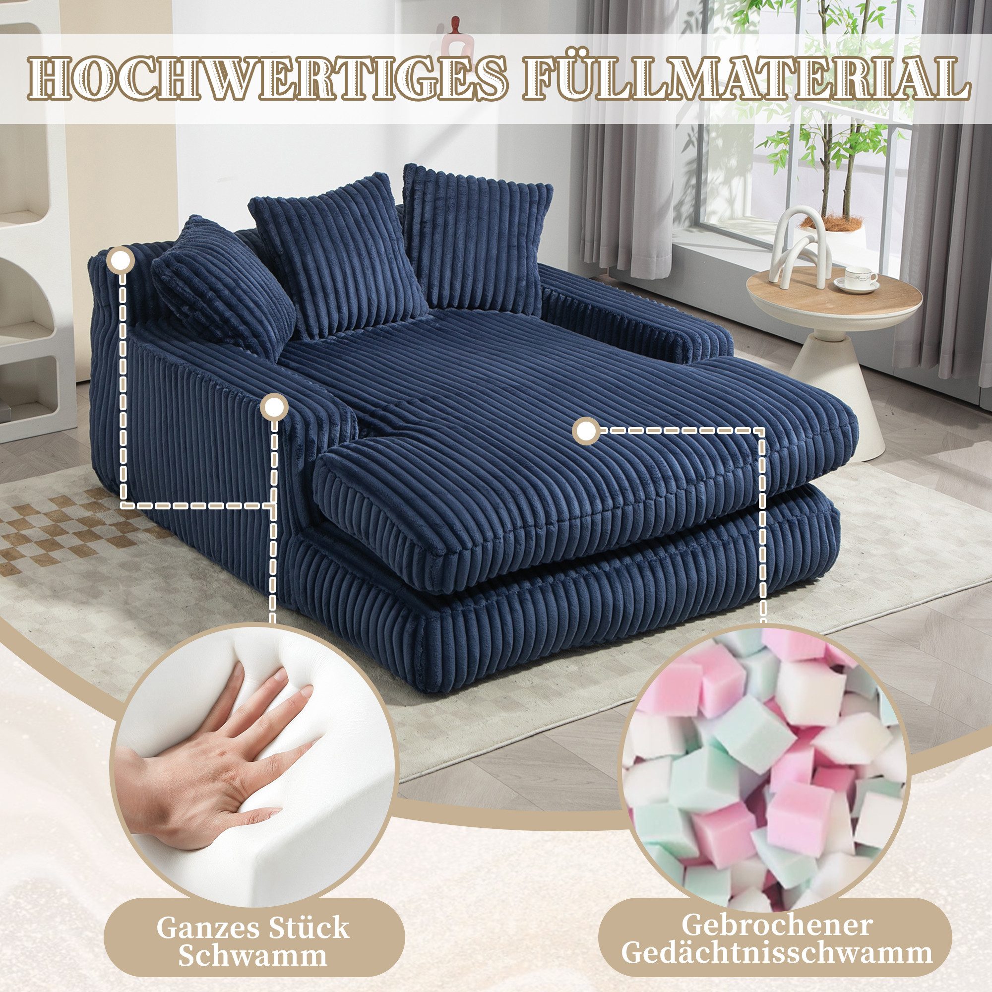 Celya Sofa Cord-Schlafsofa mit 3 Kissen,Bequemes Einzelsitz-Bodensofa,Loungesofa, für Wohnzimmer, Büro & Wohnung,blau