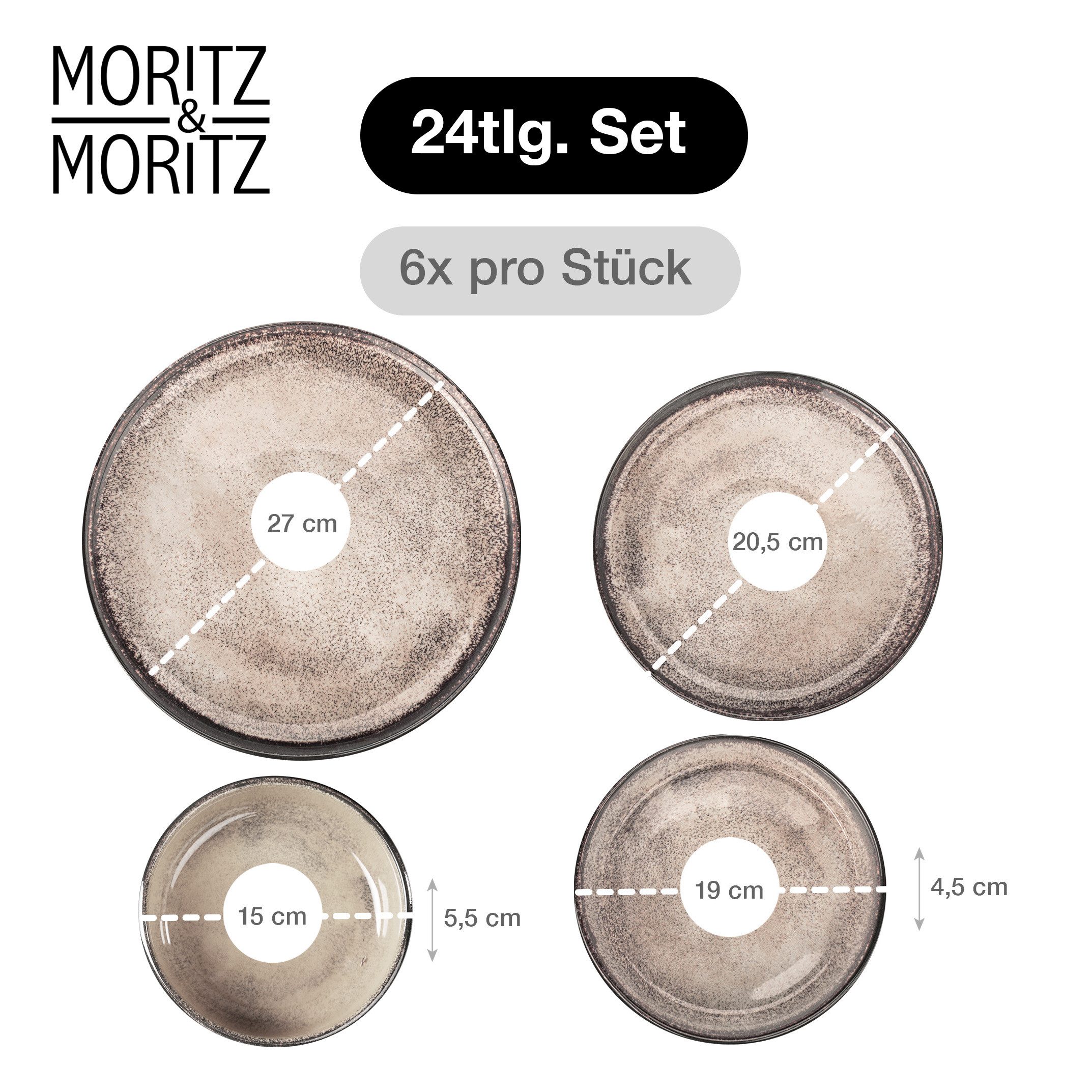 Moritz & Moritz Tafelservice VIDA Geschirrset mit Müslibowls Beige (24-tlg), 6 Personen, Porzellan, Kombigeschirr für 6 Personen