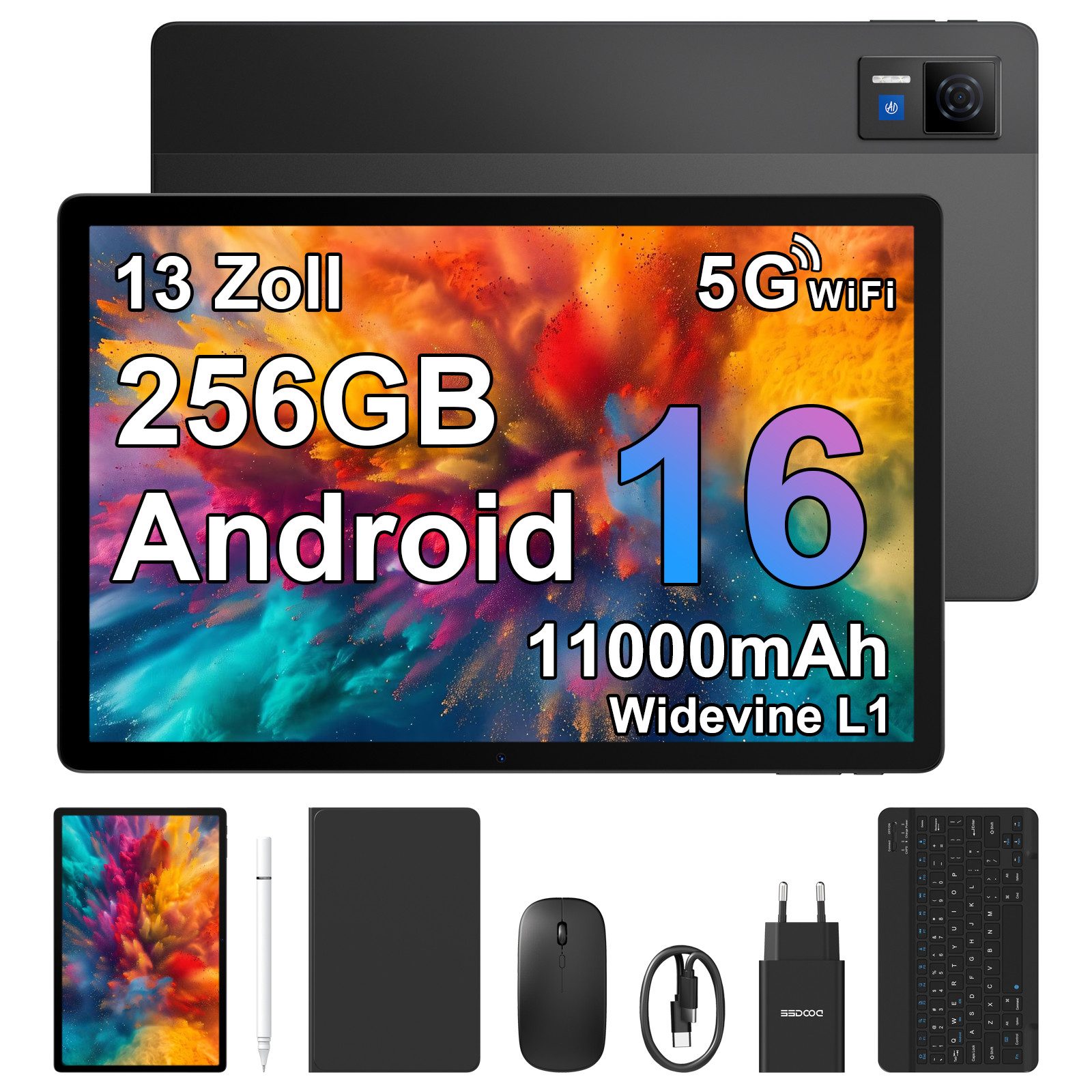 DOOGEE U13 Android 16, 32GB RAM+256GB ROM (2TB TF), 11000mAh Tablet (13", 256 GB, Android 16, Tablet-Set inkl. Stift, Tastatur, Maus, Schutzhülle, 5G WiFi, 13MP+5MP)