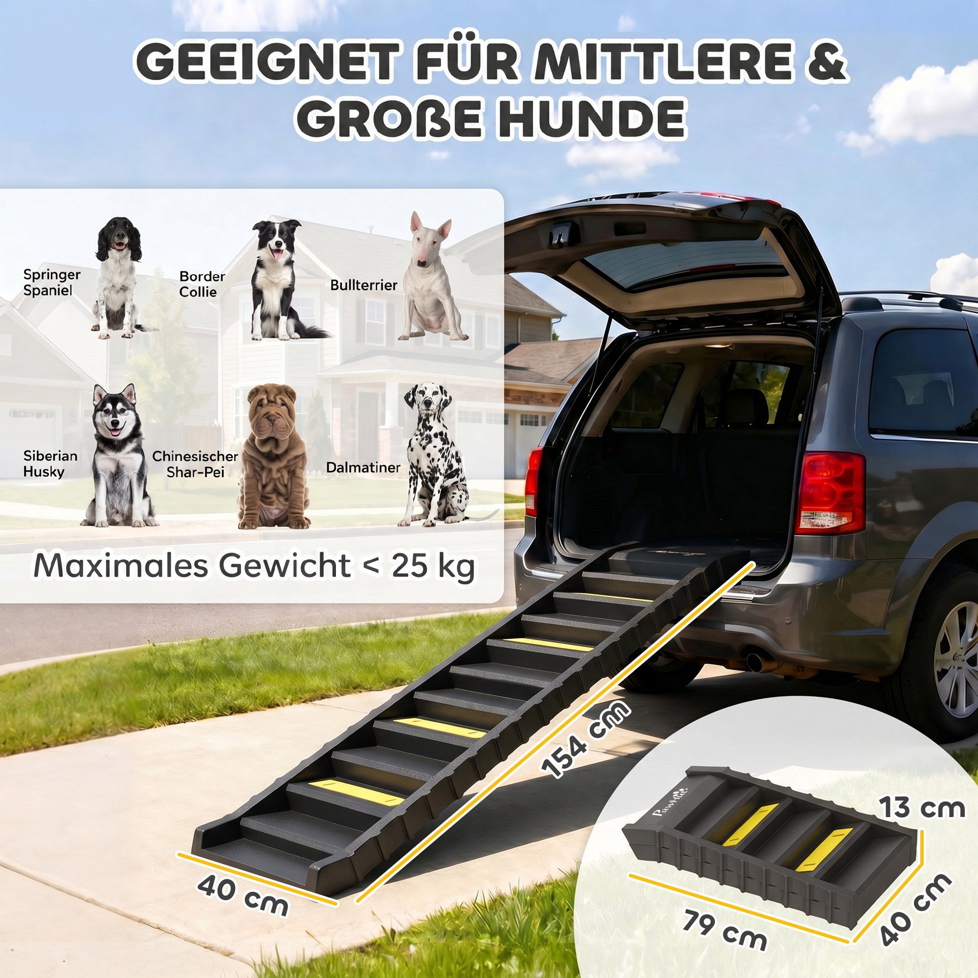 PawHut Hunderampe klappbar Hundetreppe Auto & SUV rutschfest Einstiegshilfe (klappbar Hundetreppe, 1-St., rutschfest Hundeautorampe), 154x40cm, für Große & Kleine Tiere bis 25 kg Schwarz
