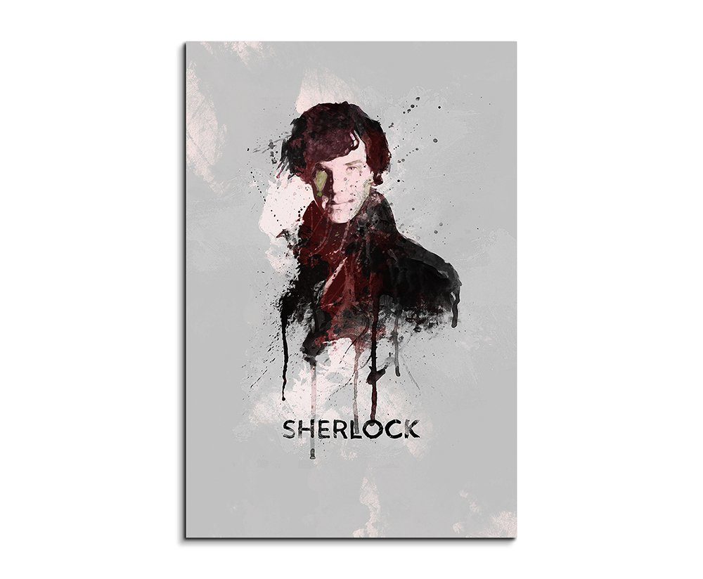 Sinus Art Leinwandbild Sherlock Holmes 90x60cm Aquarell Art Wandbild auf Leinwand fertig gerahmt Original Sinus Art