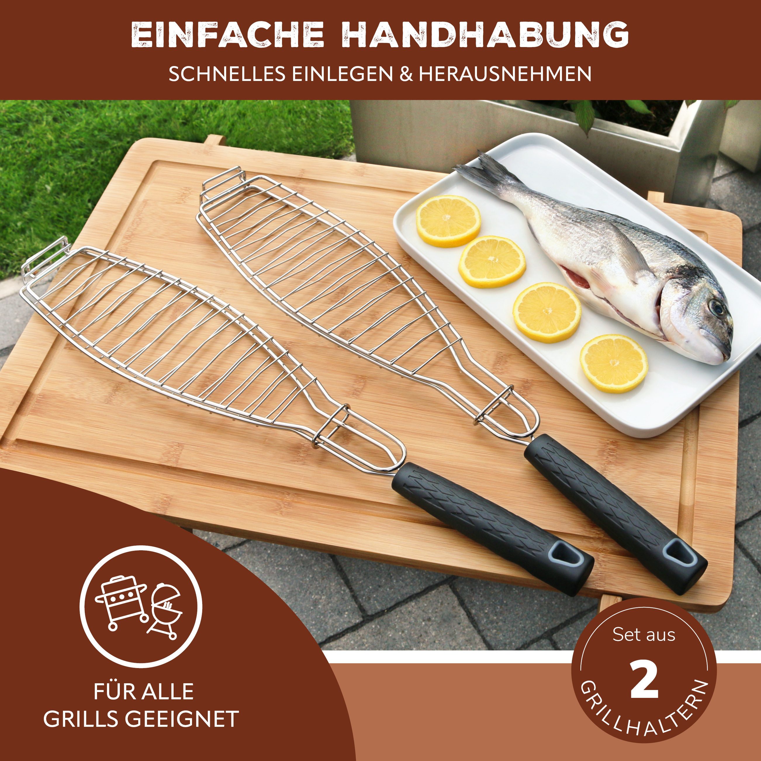 bremermann Grillguthalter Fisch-Grillhalter 2er Set Fischhalter, Fischgriller, Fischbräter, Edelstahl, Kunststoff, (2-St), für Fische bis ca. 30 cm Länge