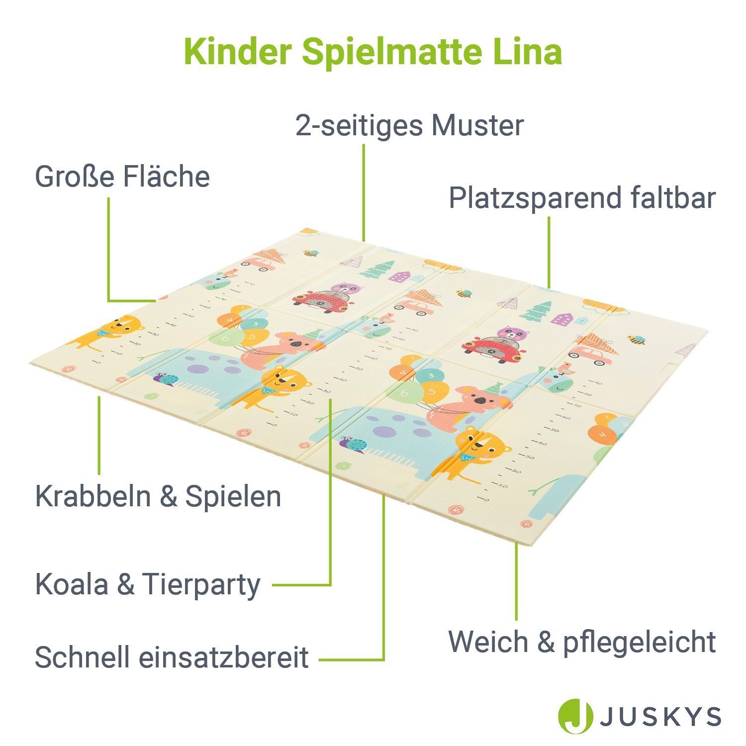 Juskys Puzzlematte Lina, (Koalas & Tierparty), 180x200 cm, doppelseitiges Muster, weich und platzsparend faltbar