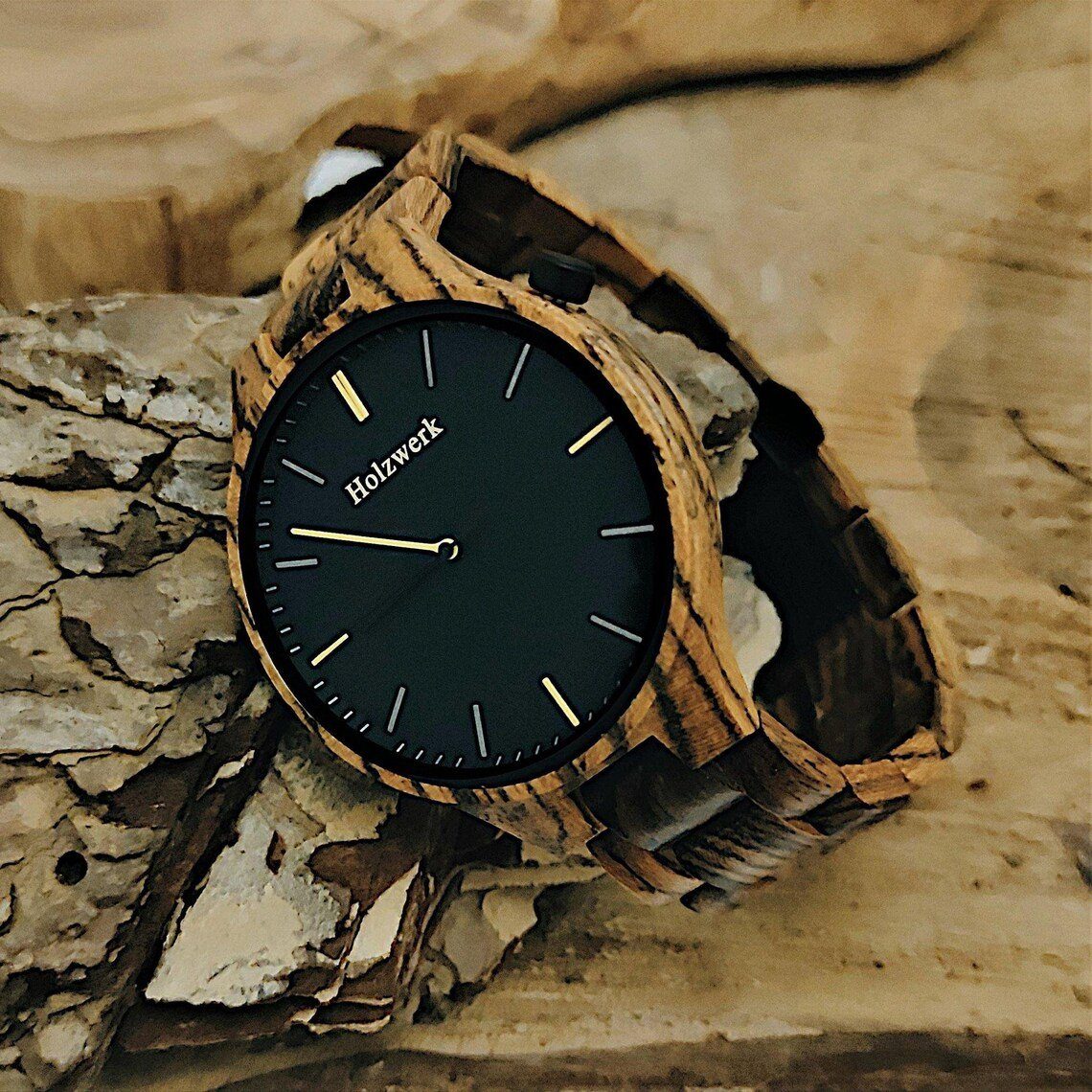 Armband & Uhr, braun, HELDBURG Holz Herren schwarz, gelb Quarzuhr Damen Holzwerk