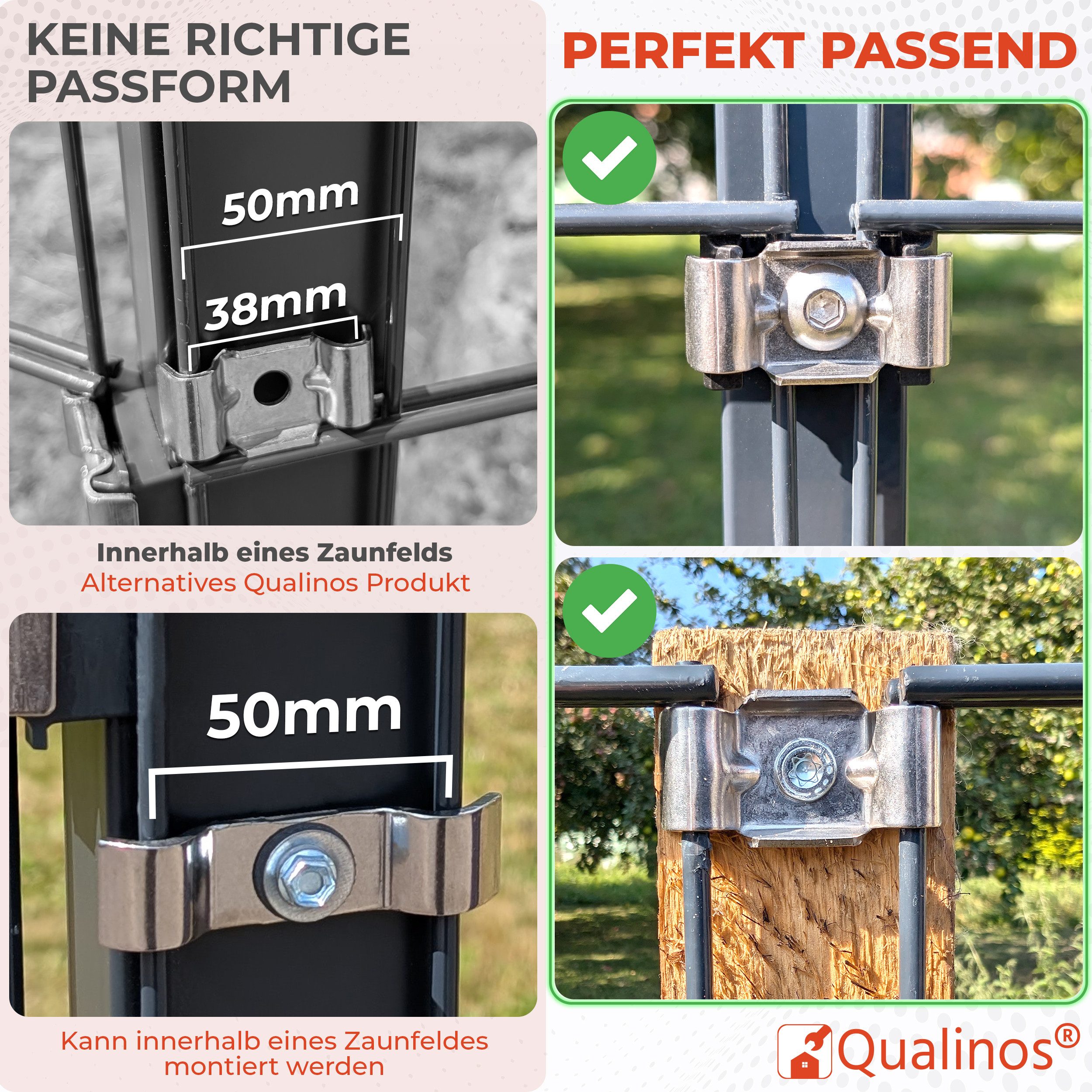 Qualinos Doppelstabmattenzaun Butterfly Klemmplatten Edelstahl V2A für Stabmattenzaun Befestigung, (Kleinset, 10-St., Butterfly-Verbinder (ohne Schrauben) für Doppelstabmatten), Edelstahl V2A rostfrei & Verstärkte Butterfly-Form