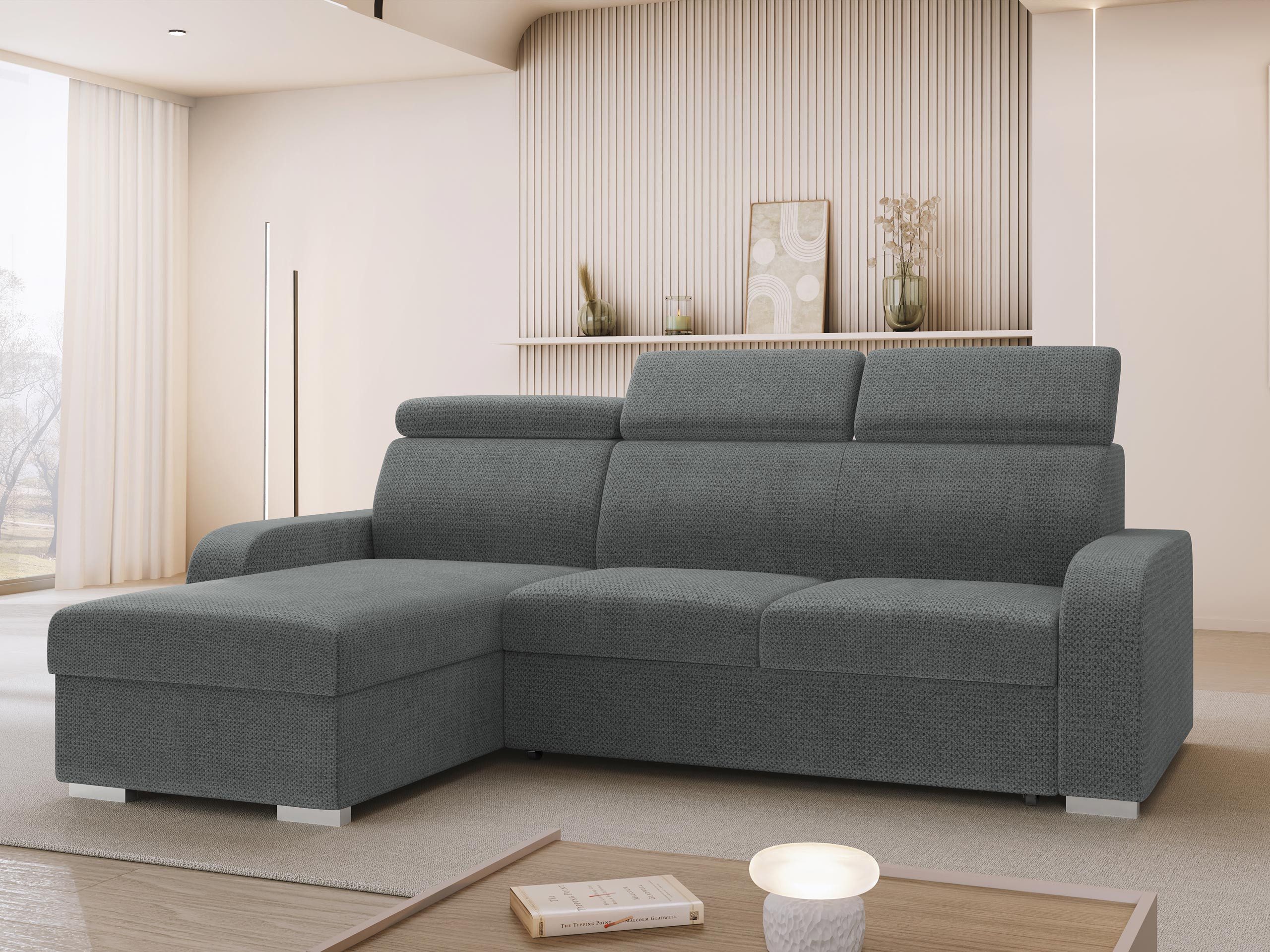 MIRJAN24 Ecksofa Oslo 2rLC, mit Schlaffunktion und Bettkasten, Einstellbare Kopfstützen, 235x170x85-100 cm