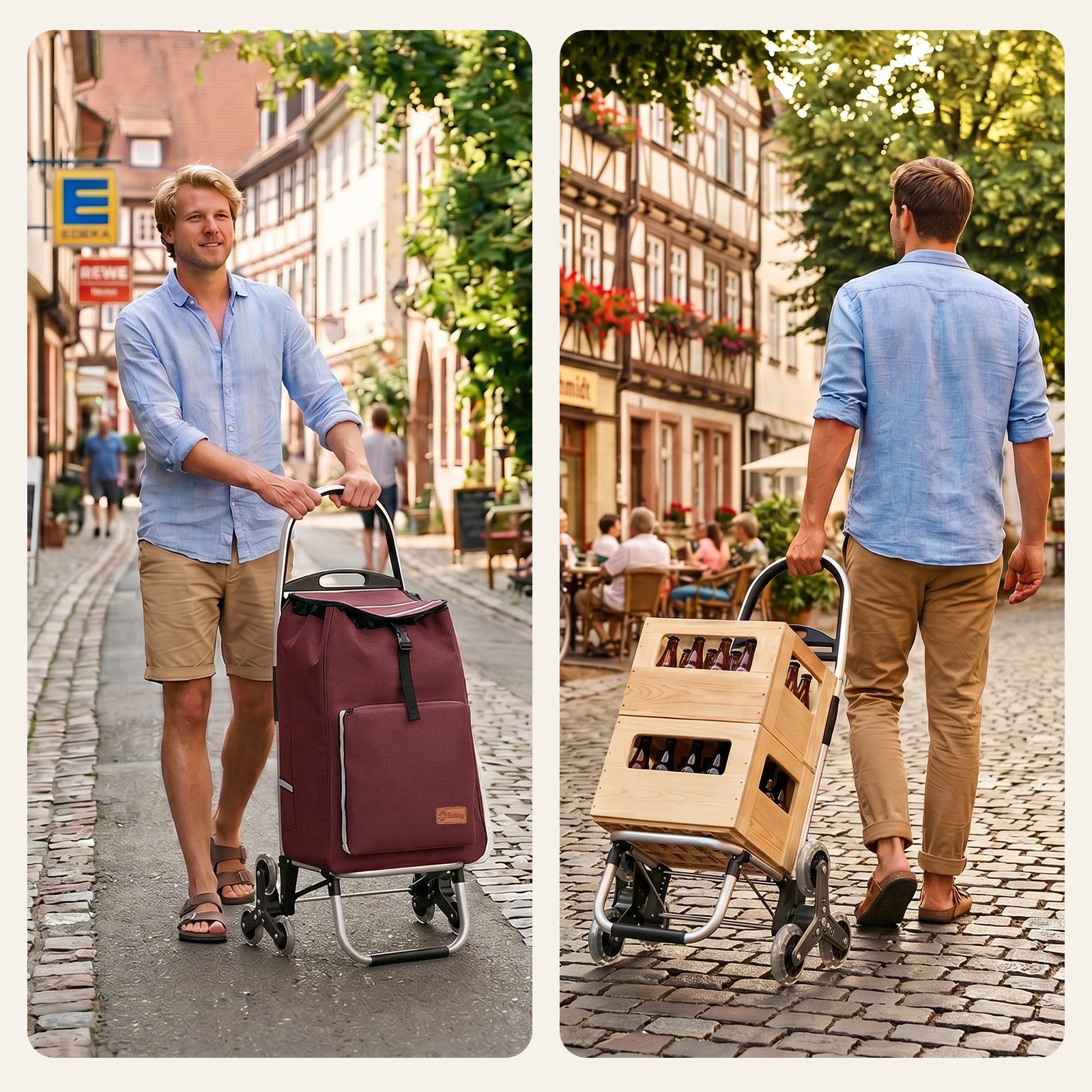 Sekey Einkaufstrolley Aluminium 2-in-1 Faltbar Einkaufstrolley Treppensteiger mit Kühltasche, 50 l zusammenklappbarer Transportwagen Treppensteiger Einkaufswagen