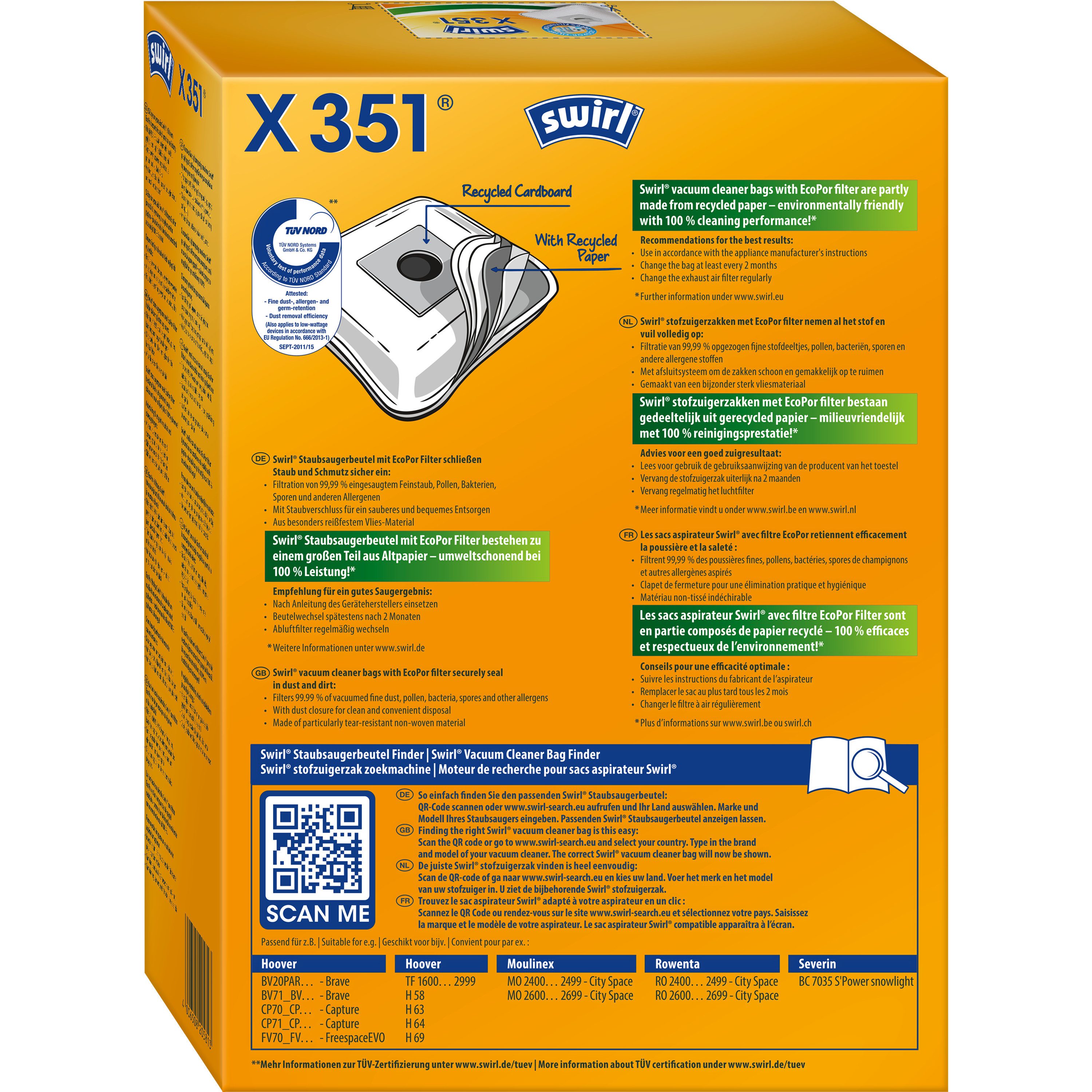 Swirl Staubsaugerbeutel X351 EcoPor® für Hoover Rowenta Severin, passend für Rowenta