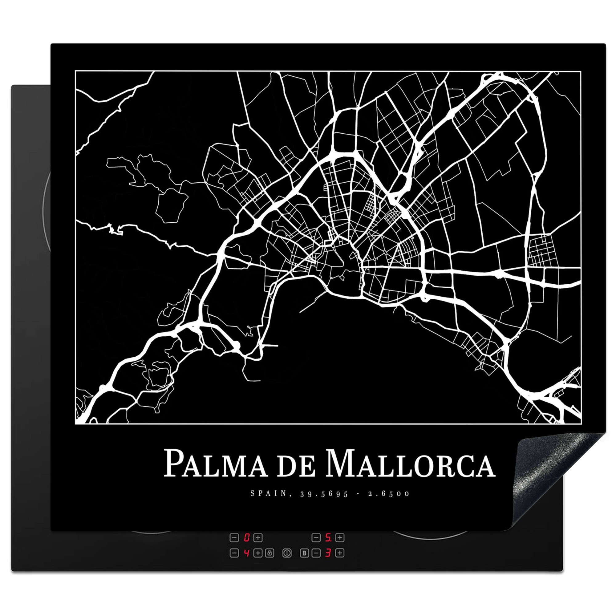 MuchoWow Herdblende-/Abdeckplatte Karte - Stadtplan - Palma de Mallorca - Karte, Vinyl, (1 tlg), 57x51 cm, Induktionsschutz, Induktionskochfeld, Ceranfeldabdeckung