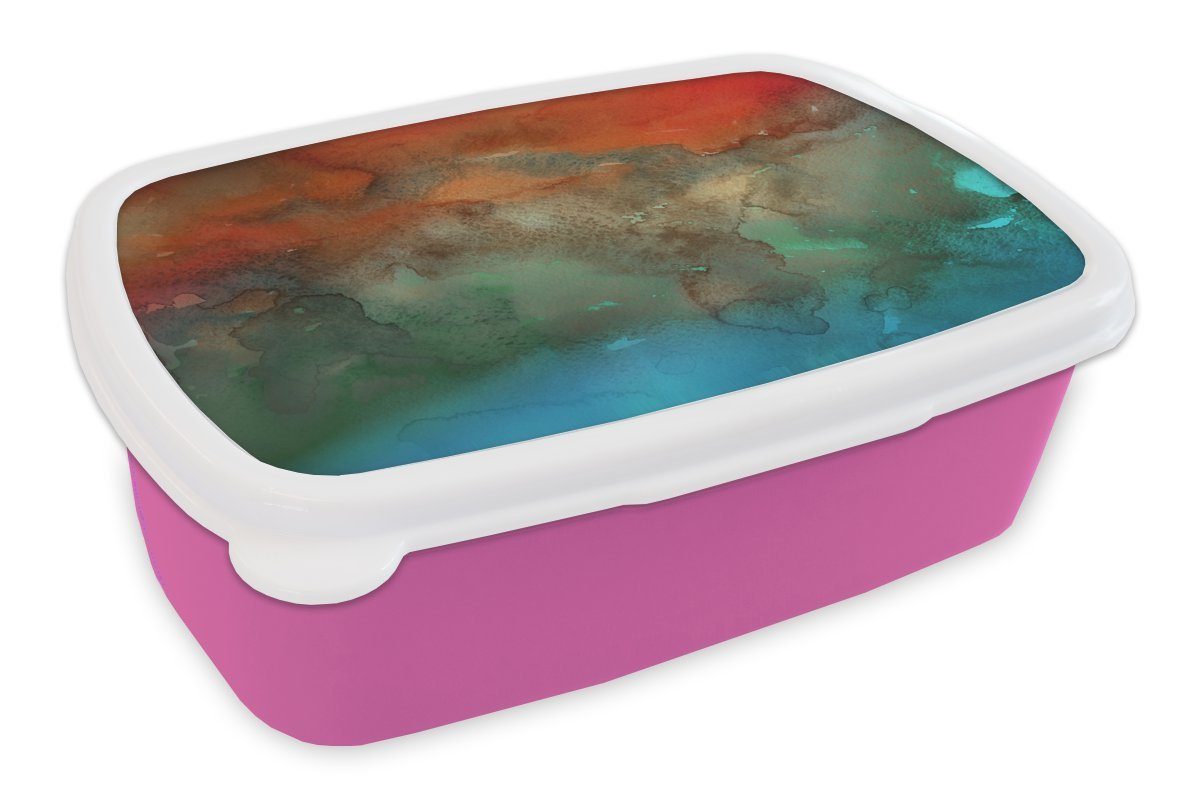 MuchoWow Lunchbox Aquarell - Rot - Grün - Braun, Kunststoff, (2-tlg), Brotbox für Erwachsene, Brotdose Kinder, Snackbox, Mädchen, Kunststoff rosa