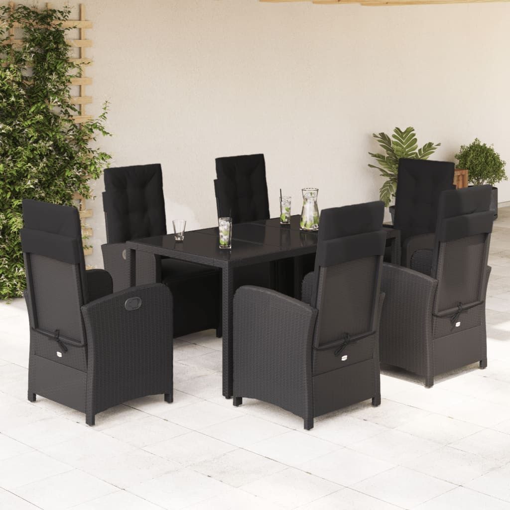 vidaXL Garten-Essgruppe 7-tlg. Garten-Essgruppe mit Kissen Schwarz Poly Rattan, (6-tlg)