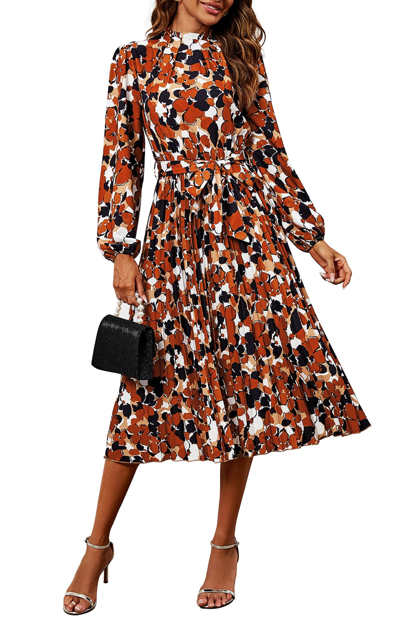 FS Collection Midikleid Damen Bardot-Midikleid hochgeschlossen, langarm, plissiert (XS (EU:36 / UK:8) · S (EU:38 / UK:10) · M (EU:40 / UK:12) · L (EU:42 / UK:14) · XL (EU:44 / UK:16) · XXL (EU:46 / UK:18), 2 Farben : Rostrot und Grün) 100 % Polyester