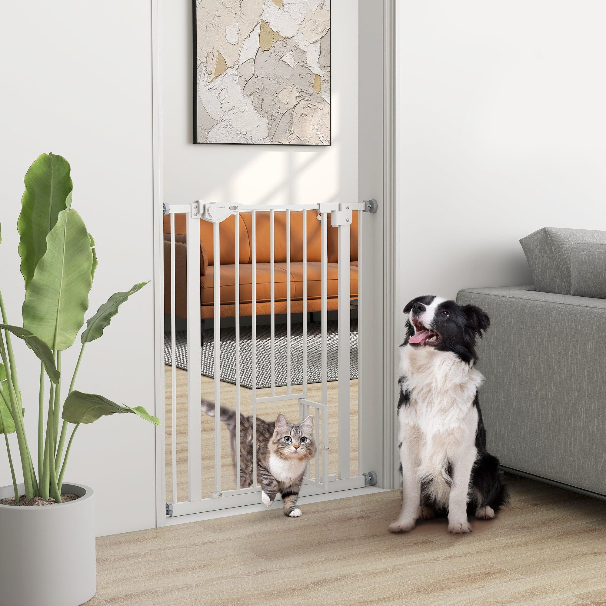 PawHut Hundegitter Türschutzgitter Ohne Bohren mit Auto-Close, Einhand Öffnung (Hunde Treppenschutzgitter, 1 St., Schutzgitter für Haustier), Weiß 74-80 x 5 x 91,4 cm