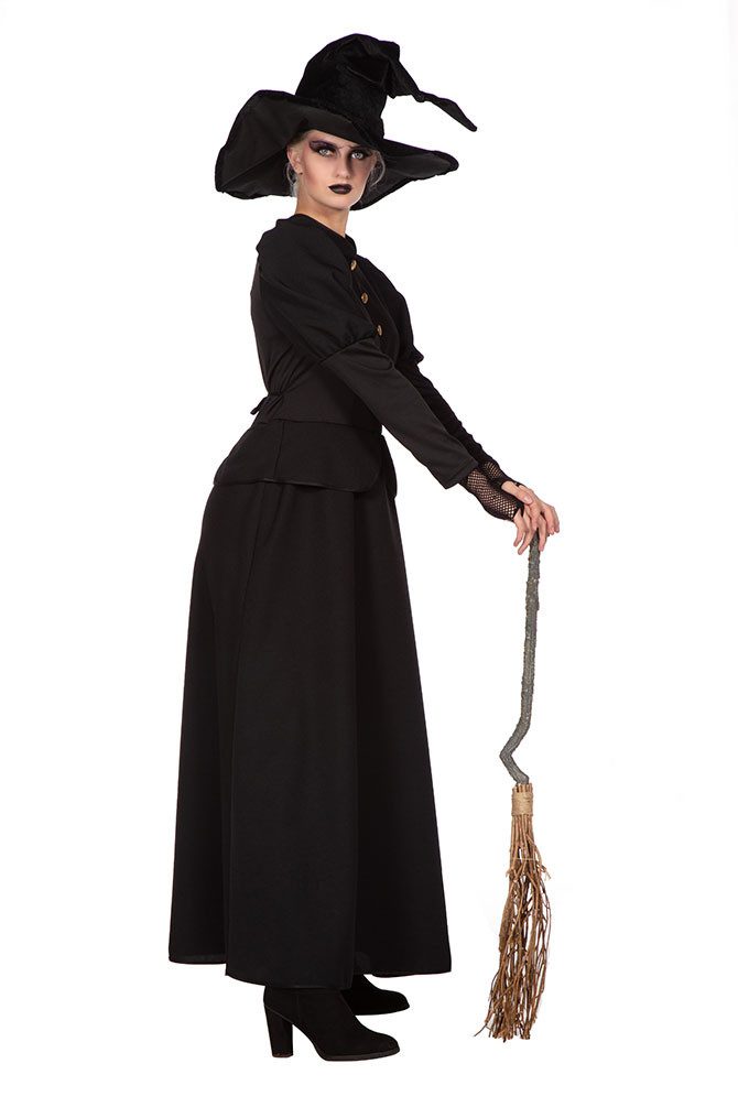 Karneval-Klamotten Hexen-Kostüm Damen klassisches lang schwarz hochwertig, Halloweenkostüm Frauenkostüm schwarze Hexe langes Hexenkleid