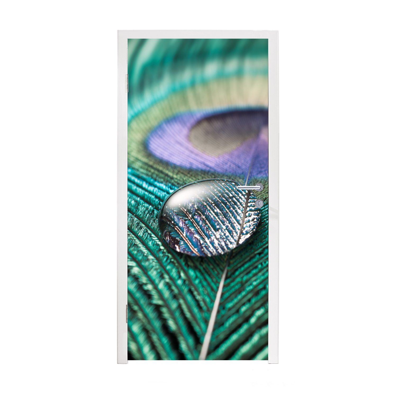 MuchoWow Türtapete Nahaufnahme eines Wassertropfens auf einer Pfauenfeder, Matt, bedruckt, (1 St), Fototapete für Tür, Türaufkleber, 75x205 cm