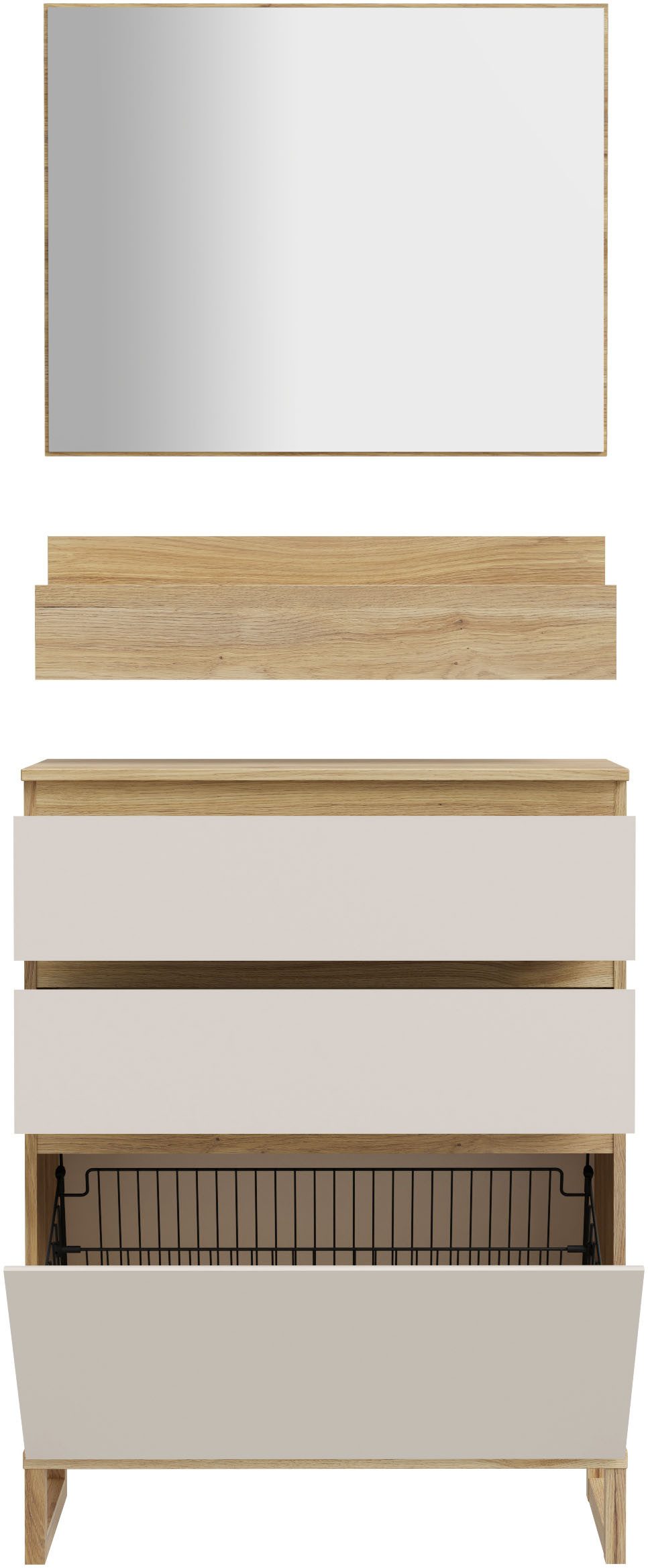 FORTE Garderoben-Set, (3-St), Kompaktgarderobe mit Spiegel, Regal und Kommode mit Schuhkorb