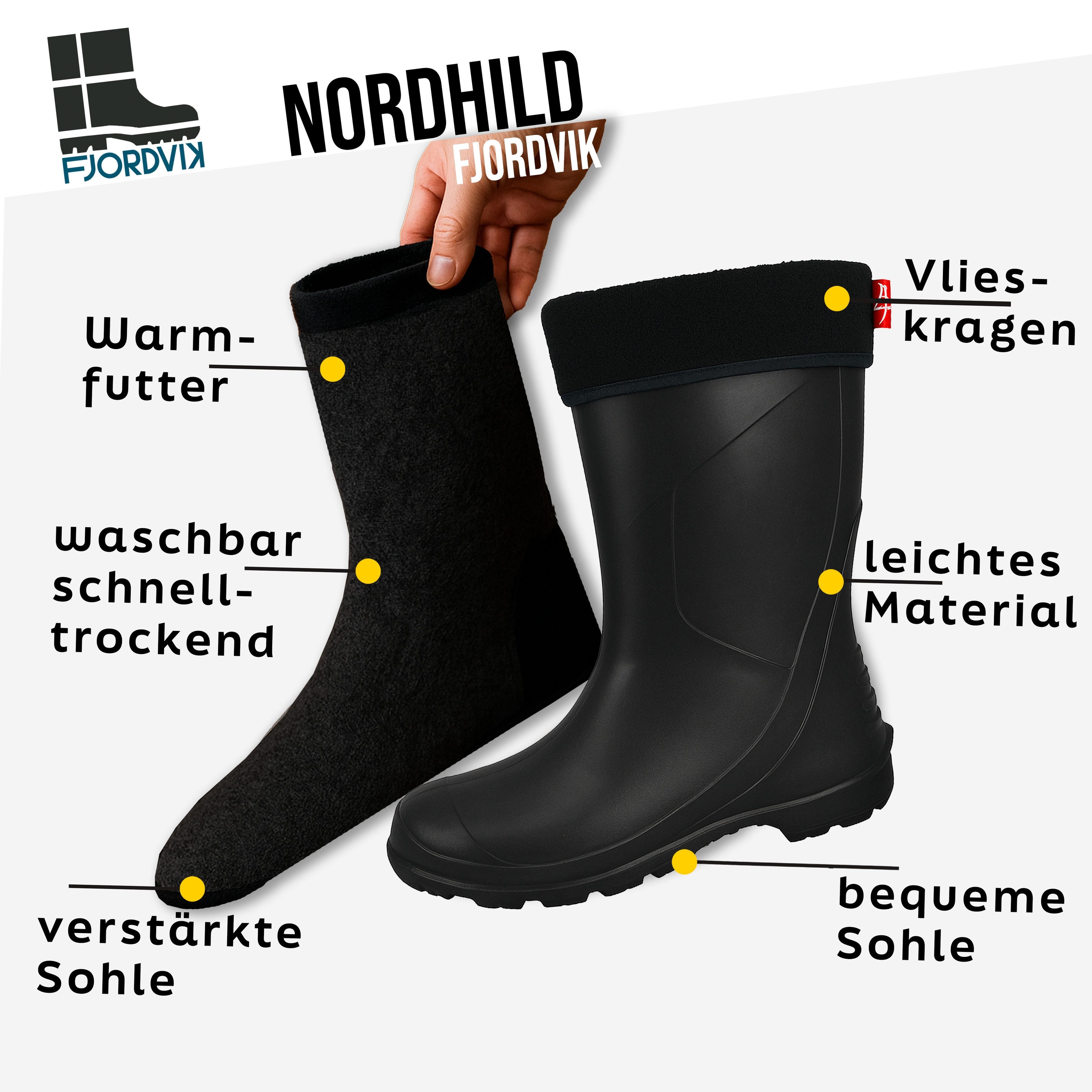 Fjordvik Nordhild EVA-Boots Damen – Thermowarm Schwarz, Gr. 40 Gummistiefel (Komfortable Winterboots für Spaziergänge, Regen und kalte Wege) Gute Dämpfung, weicher Einstieg, zuverlässig bei wechselndem Wetter.