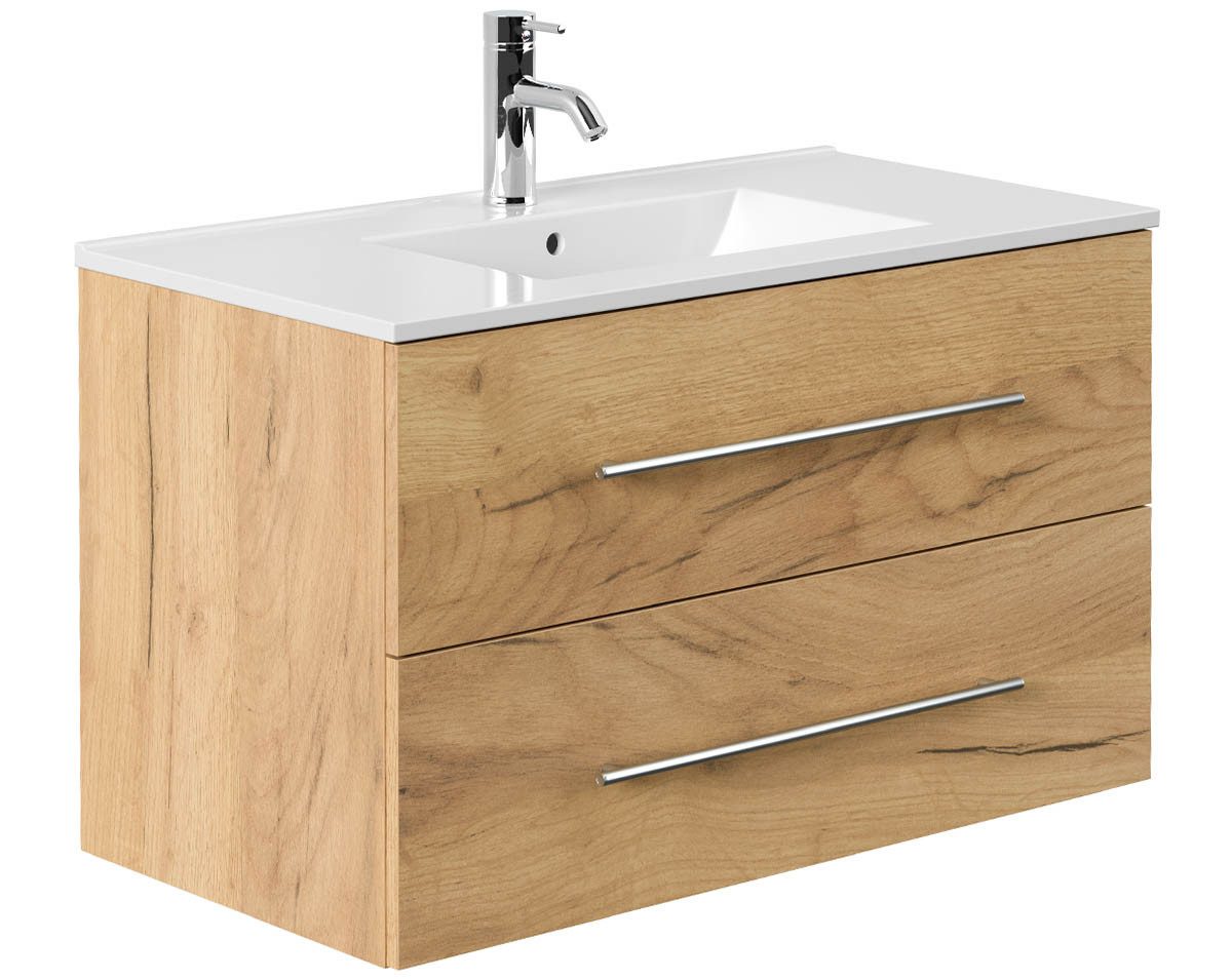 einfachgutemoebel Waschtisch-Set Waschplatz KUBOA 90cm, Keramikbecken, gold-eiche, (Badmöbel Set, 1-St., Waschtisch Set)