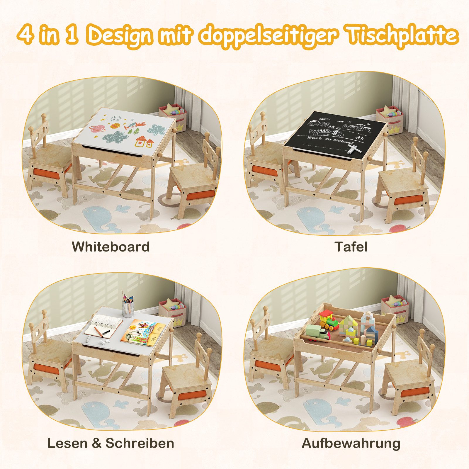 COSTWAY Children's Seating Set, Children's Table with 2 Chairs, 4-in-1 Activity Table