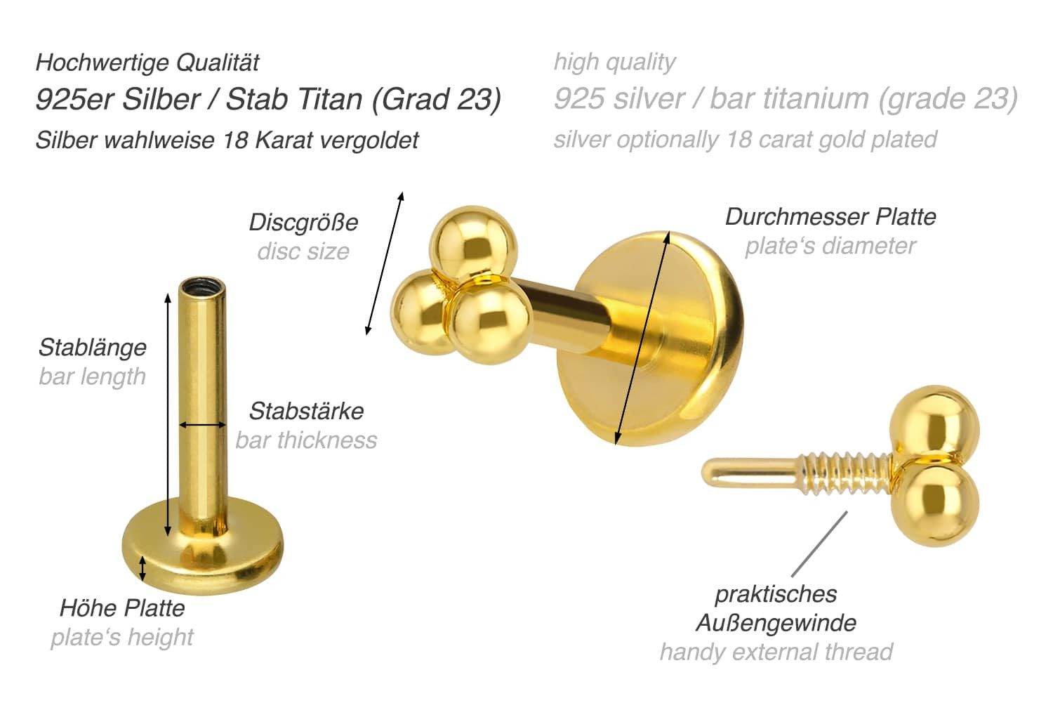 PIERCINGLINE Piercing-Set Titan Labret mit Innengewinde + 925er Silber Aufsatz 3 KUGELN (Labrets, 1-tlg)