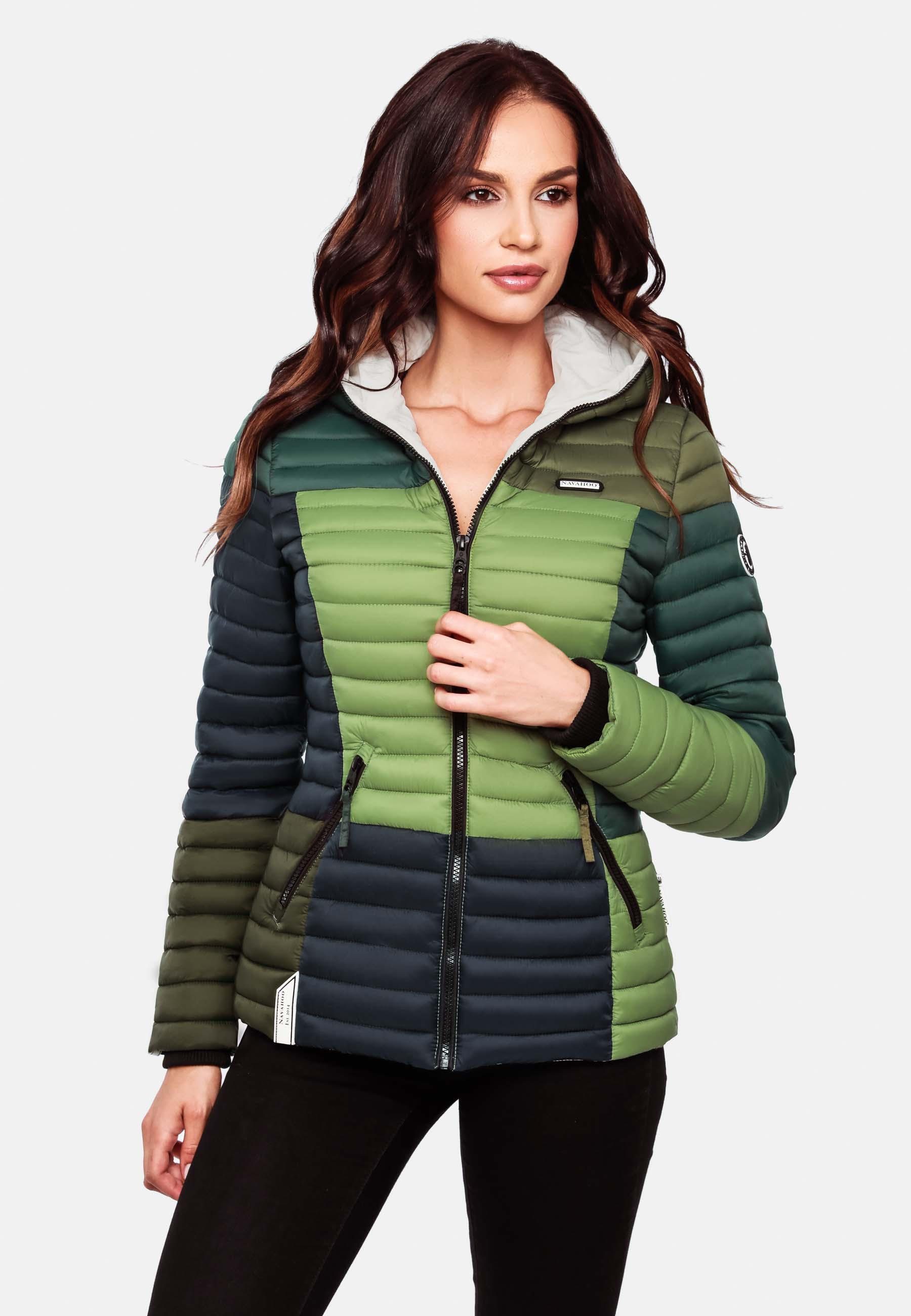 Navahoo Steppjacke Multikulti stylische Colorblocking Übergangsjacke Kapuze tannengrün m