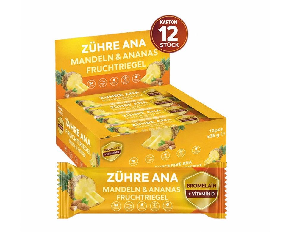 Zühre Ana® Riegel Fruchtriegel mit Mandel und Ananas Riegel 12x – Vegan, Zuckerfrei, 420 g, Leckerer Snack mit Bromelain und Vitamin D, 35gr x 12 Stück