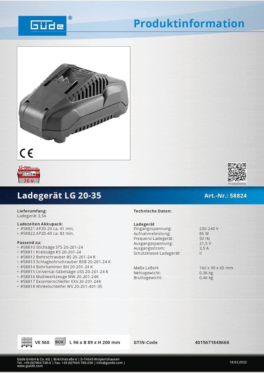 Güde Güde Ladegerät LG 20-35 Schnellladegerät für Akkupack AP 20-40- 20V Werkzeug-Akku-Ladetechnik