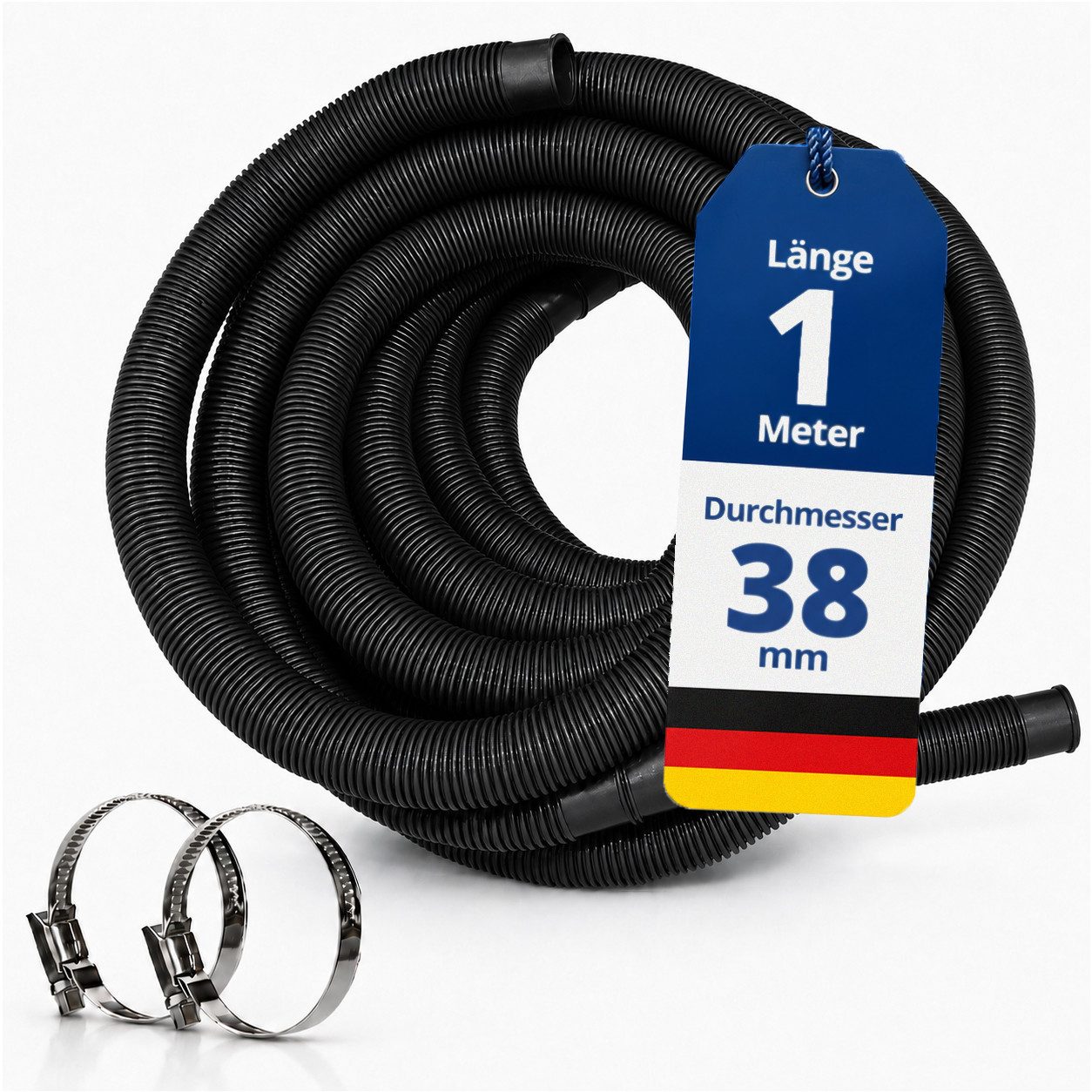 HAF Poolschlauch Schwimmbadschlauch Poolschlauch Solarschlauch Schwarz Ø 38mm 1 Meter, Schlauch "Made in Germany" mit Trennmuffen, inkl. 2 Schlauchschellen aus Edelstahl (25-40mm)