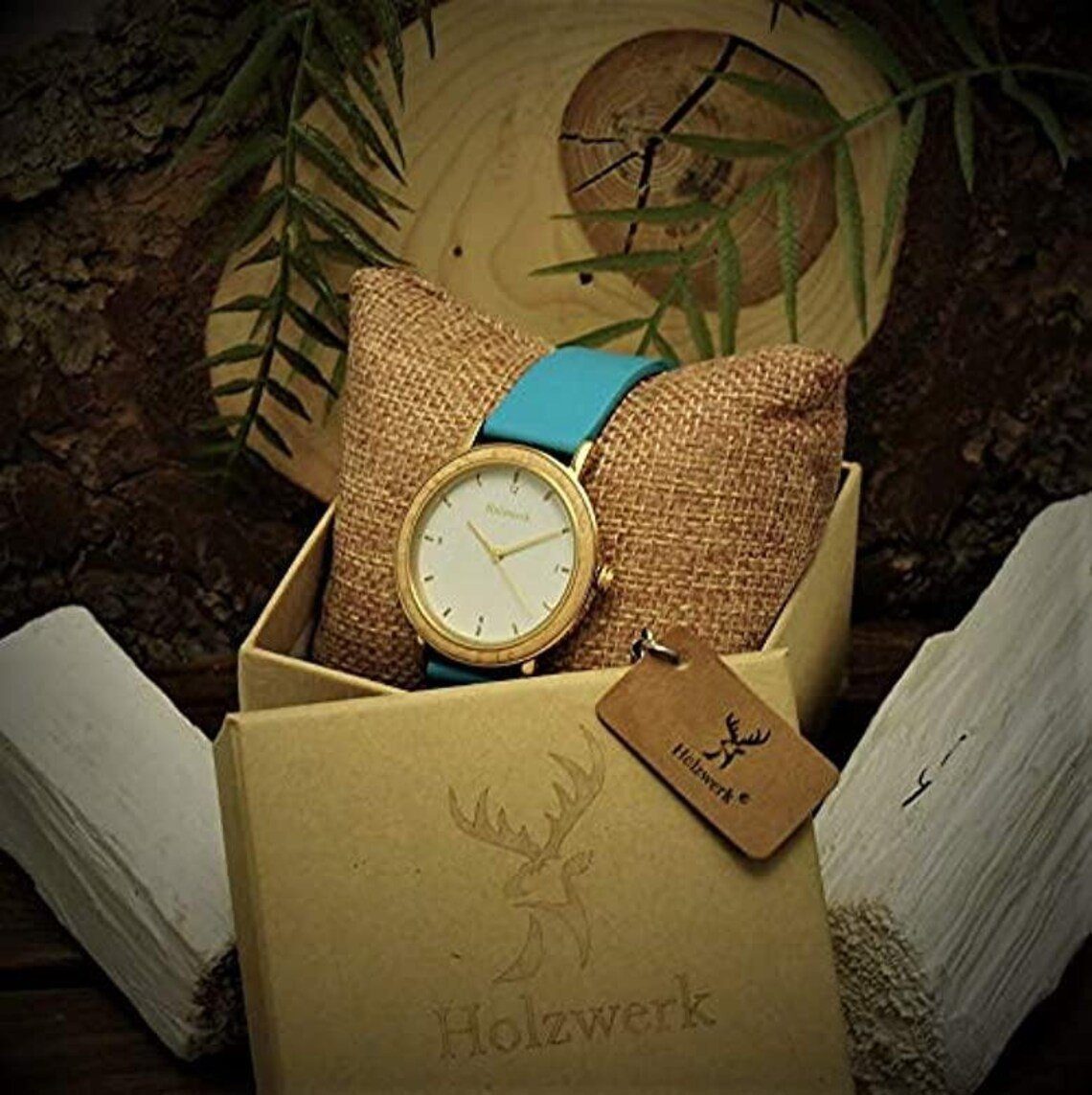 Leder Quarzuhr HAINICHEN Uhr, kleine Holzwerk weiß, Damen türkis, & Edelstahl gold Holz