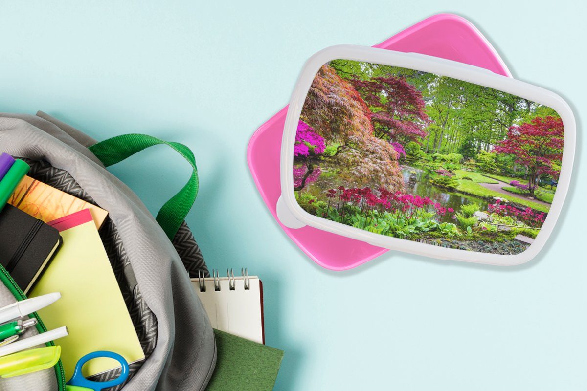 MuchoWow Lunchbox Bäume - Blumen Japanisch Wasser, rosa Kinder, (2-tlg), Kunststoff, Brotbox Kunststoff - Brotdose für Mädchen, - Erwachsene, Snackbox, Natur 