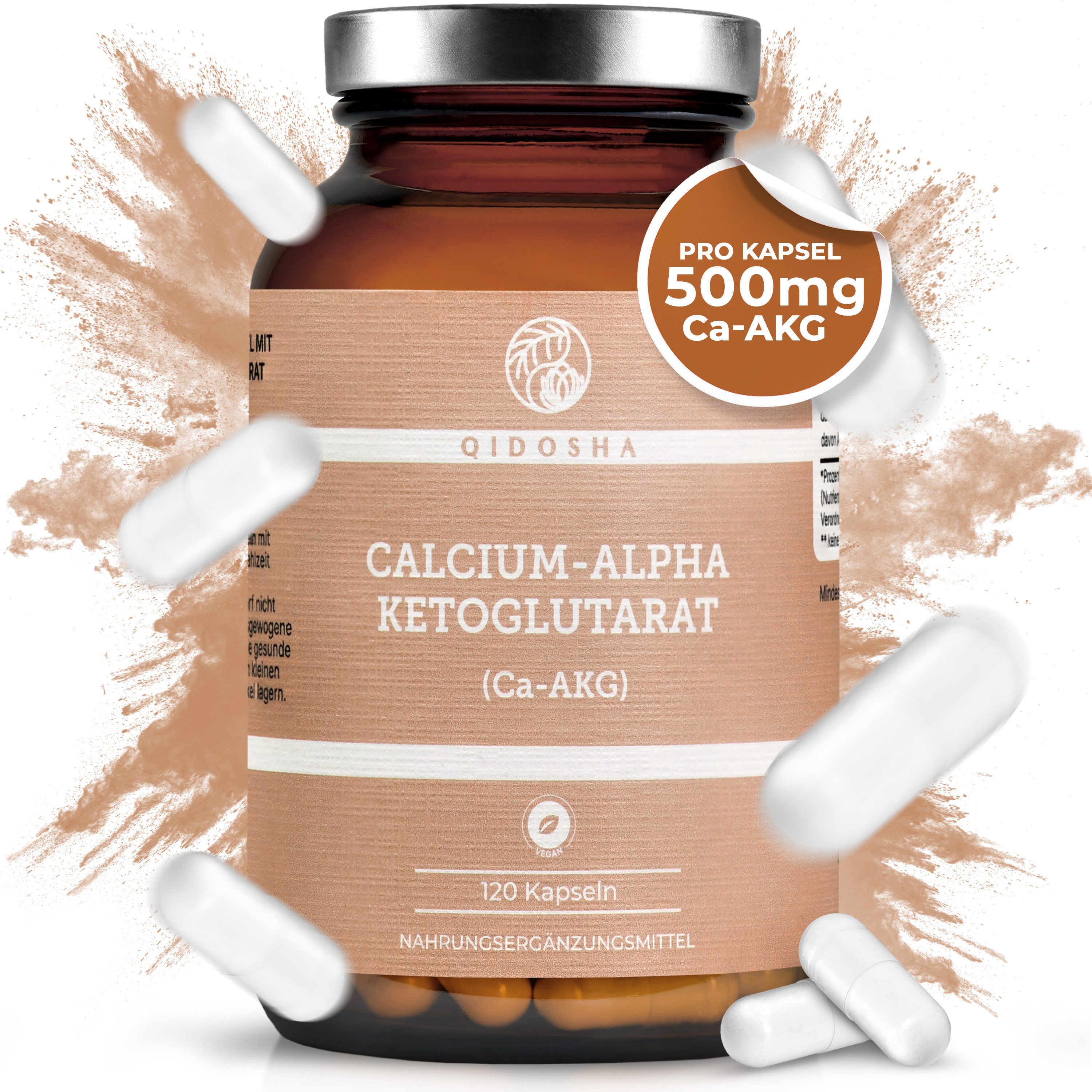 QIDOSHA Calcium AKG Kapseln 1000 mg hochdosiert - Energie & Stoffwechsel Hartkapsel, 1 er Ca-AKG 1000 mg Kapseln 120 St. 8 Wochen Vorrat Glas Vegan à 120 St., 75.4 g, Alpha Ketoglutarat Kapseln vegan - Zellenergie & Longevity Support