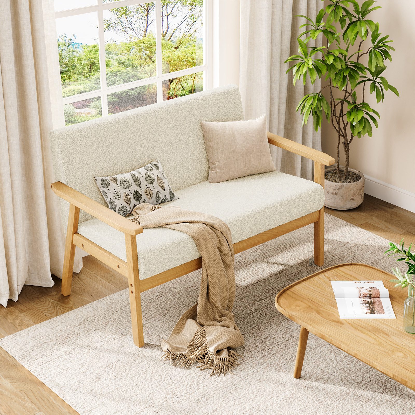 YOLEO 2-Sitzer Stoffsofa Couch mit Holz Armlehnen Loungesofa, 107x60x77cm