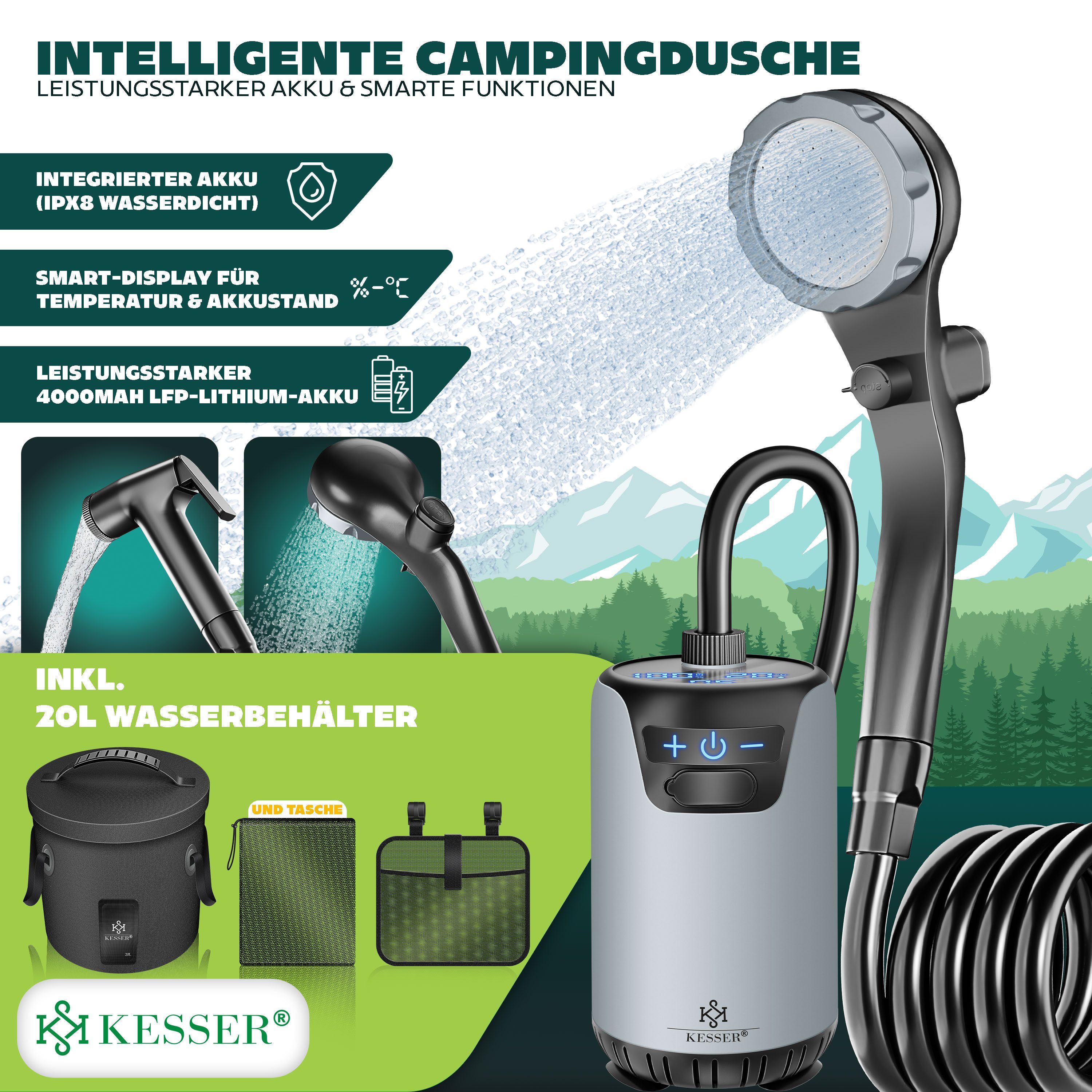 KESSER Gartendusche Campingdusche mit 20L Behälter, Pumpe & wiederaufladbarer Akku 4000mAh (Mobile Dusche inkl. Duschkopf, 2m Schlauch, Sprühpistole & Halterung), Outdoor Dusche