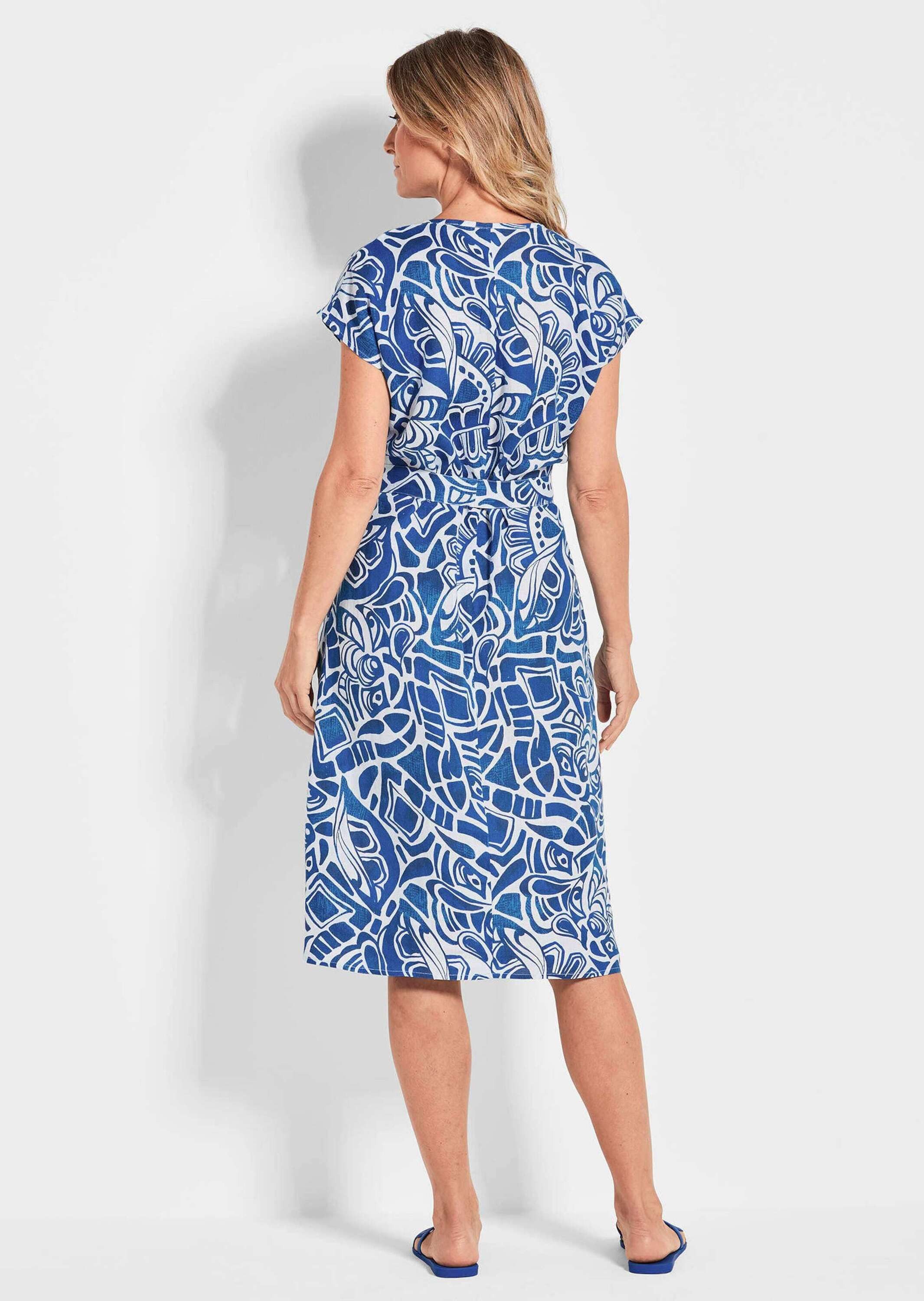 GOLDNER Sommerkleid Kurzgröße: Leinenkleid Ethno, Halbarm Printkleid aus Leinen, gemustert, figurbetont, Halbarm, tailliert