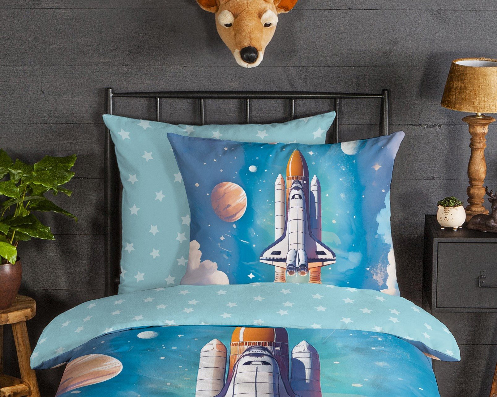 good morning Kinderbettwäsche Fred, Biber, Flanell, 2 teilig, Flanell Biber, 135x200, Warm, Reißverschluss, Wende, Weltraum, Rakete
