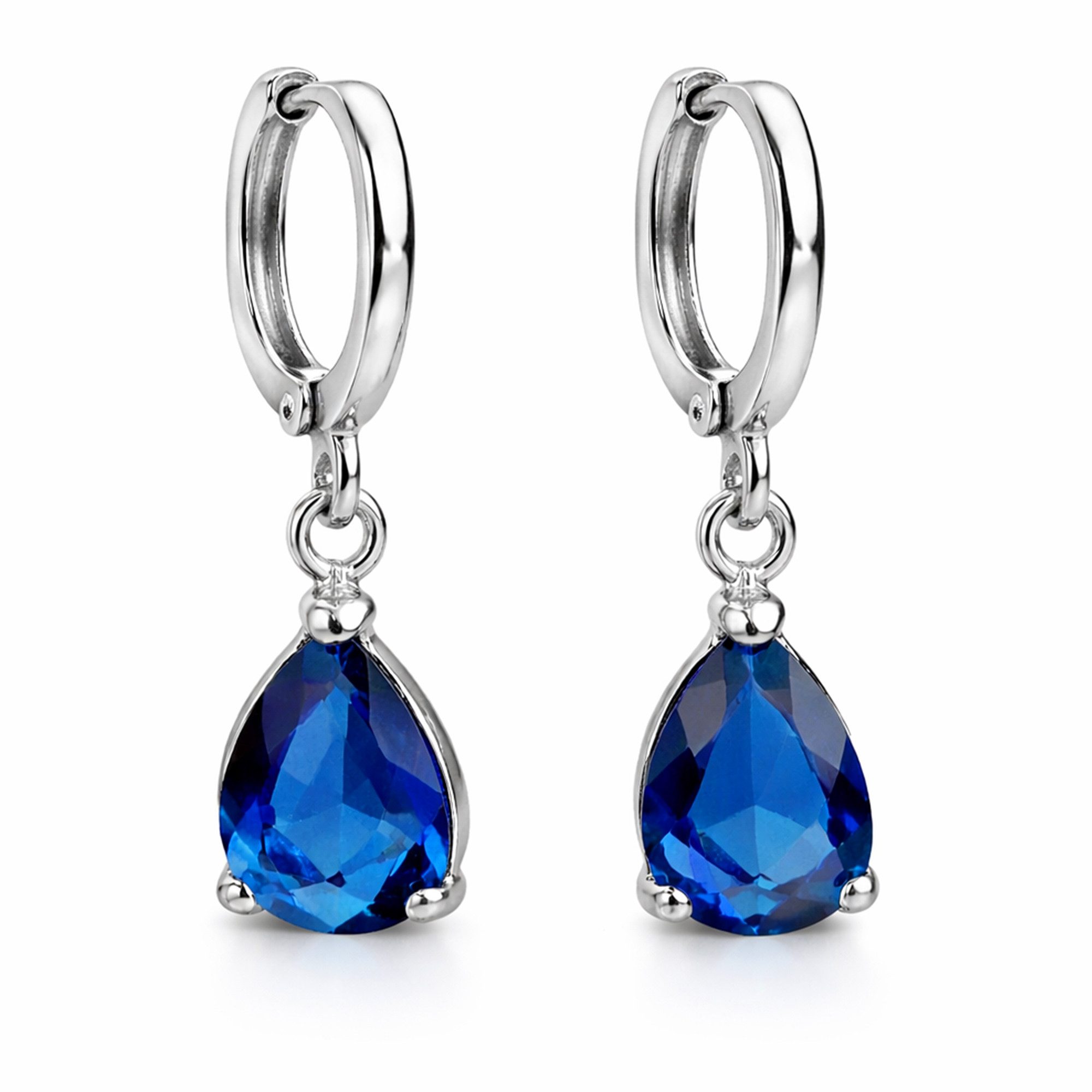 LÖB Paar Creolen 750 Weißgold vergoldet Creolen Tropfen Anhänger Zirkonia Silber Blau (Geschenke für Frauen Beste Freundin Mutter Mama Damen Ehefrau sie zum Geburtstag Ostern Muttertag Muttertagsgeschenk, Inkl. Schmuckbox), Ohrringe Hängend Saphir Royal Stein Ohrhänger Tropfenform Brautschmuck