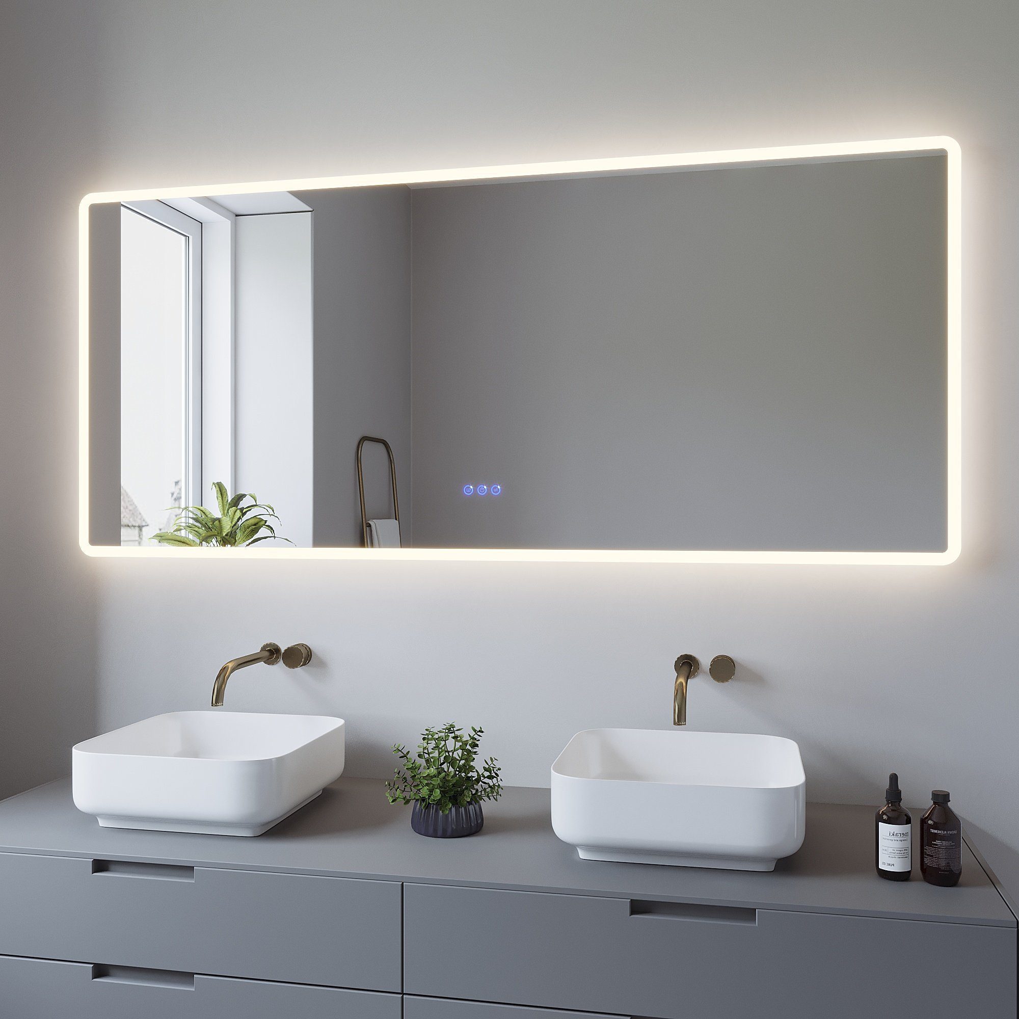 AQUABATOS Badspiegel Bad Spiegel mit LED Beleuchtung Badezimmerspiegel mit Licht (Badspiegel LED Lichtspiegel 140x70cm 100x70cm 160x70cm Abgerundete Ecken 2 Lichtfarben Touch Sensor, Wandschalter, Speicher, Dimmbar, Kaltweiß 6400K, Warmweiß 3000K), Antibeschlag, Energiesparend, IP 44, Energieeffizienzklasse A++