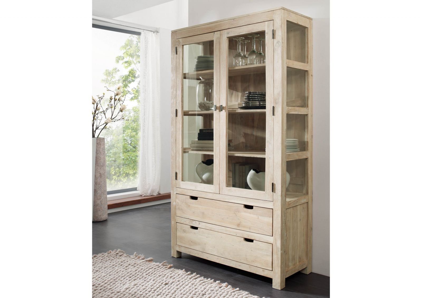 Massivmoebel24 Standvitrine NATURE WHITE (Vitrine Akazie 110x45x200 white stone getüncht  NATURE WHITE #65) Vitrine Akazie 110x45x200 white stone getüncht  NATURE WHITE #65
