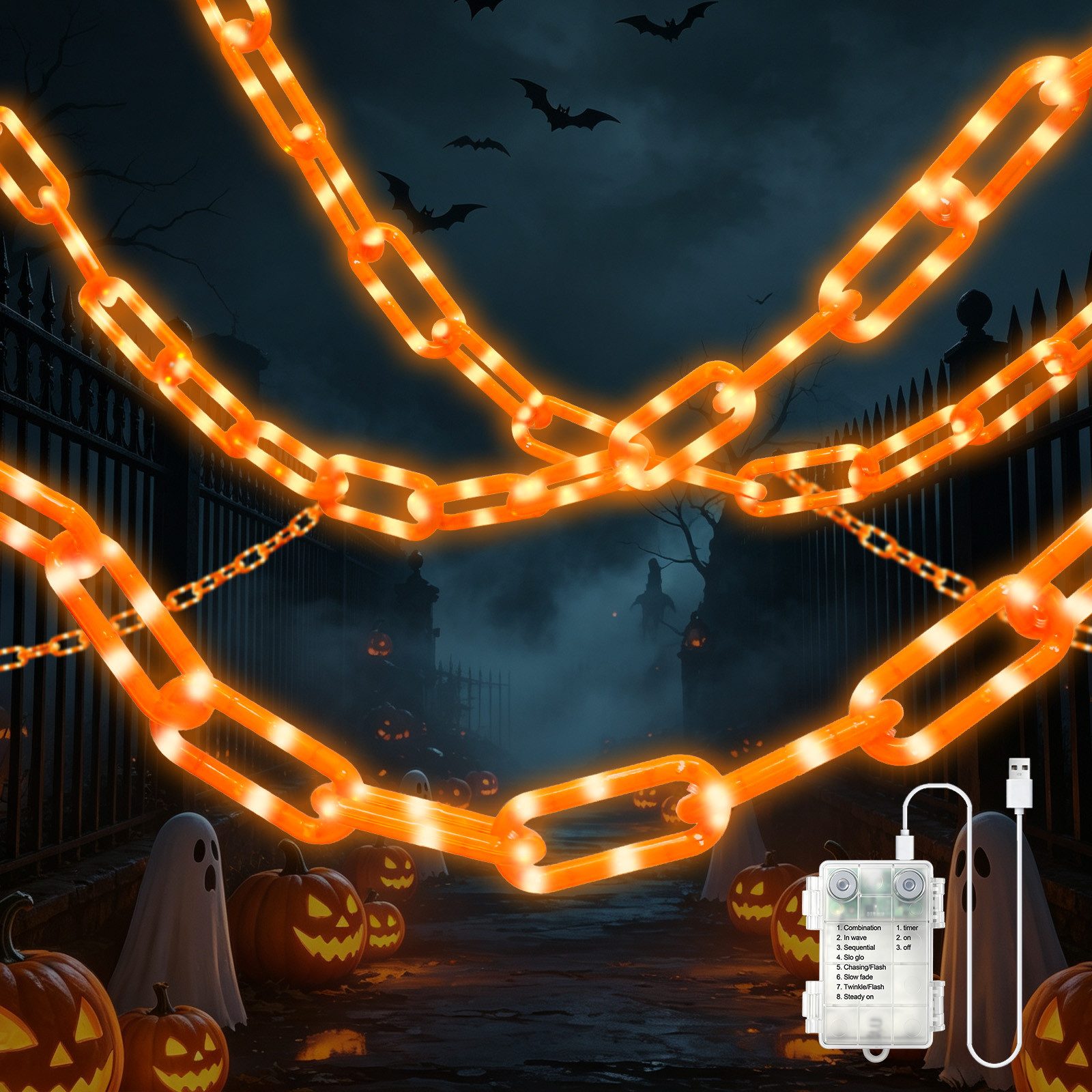 OZAVO LED-Lichterkette Halloween Lichterkette 3,2 m mit 175 LEDs, 8 Lichtmodi &Timer-Funktion, USB & Batteriebetrieben,Halloween Deko für Garten, Veranda, Spukhaus