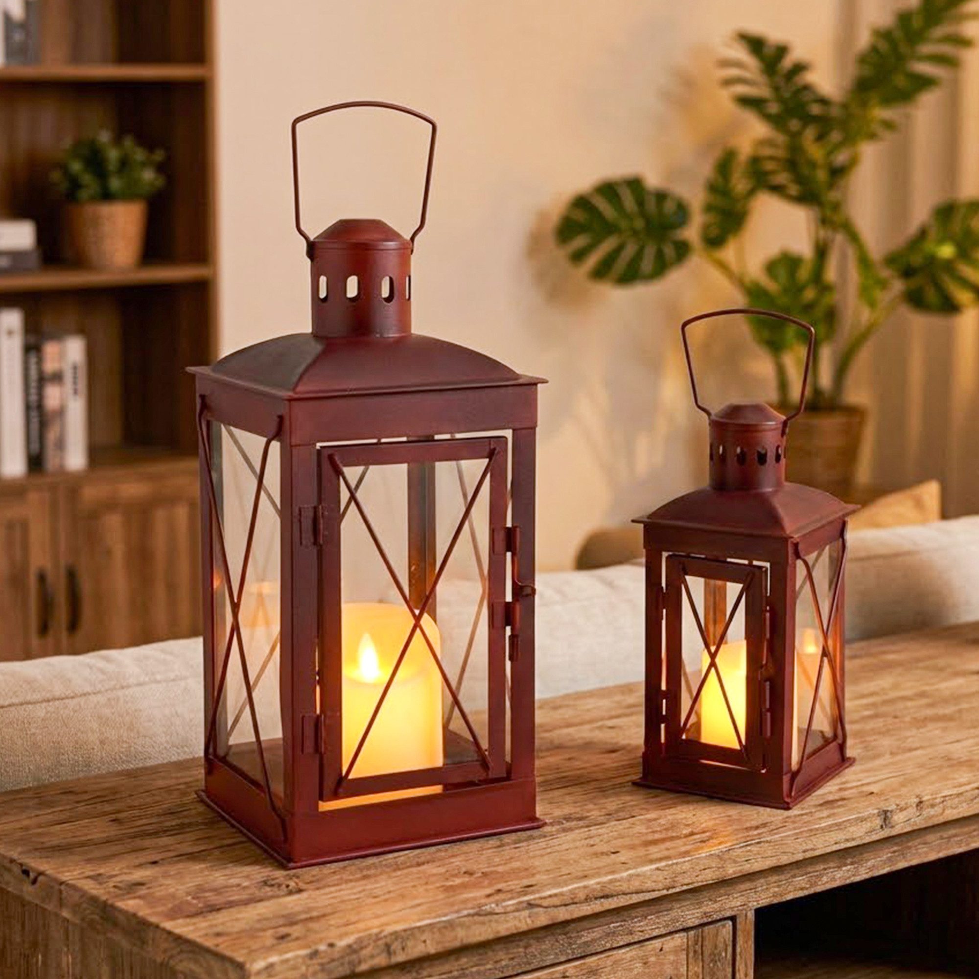 JHY DESIGN Kerzenlaterne Vintage Kerzenlaternen, Outdoor Gartenlaternen, Dekorative Windlichter (Set, 2 St), Metall Kerzenhalter, 36/25 cm, Innen & Außen, Rot – Bild 5 von 5