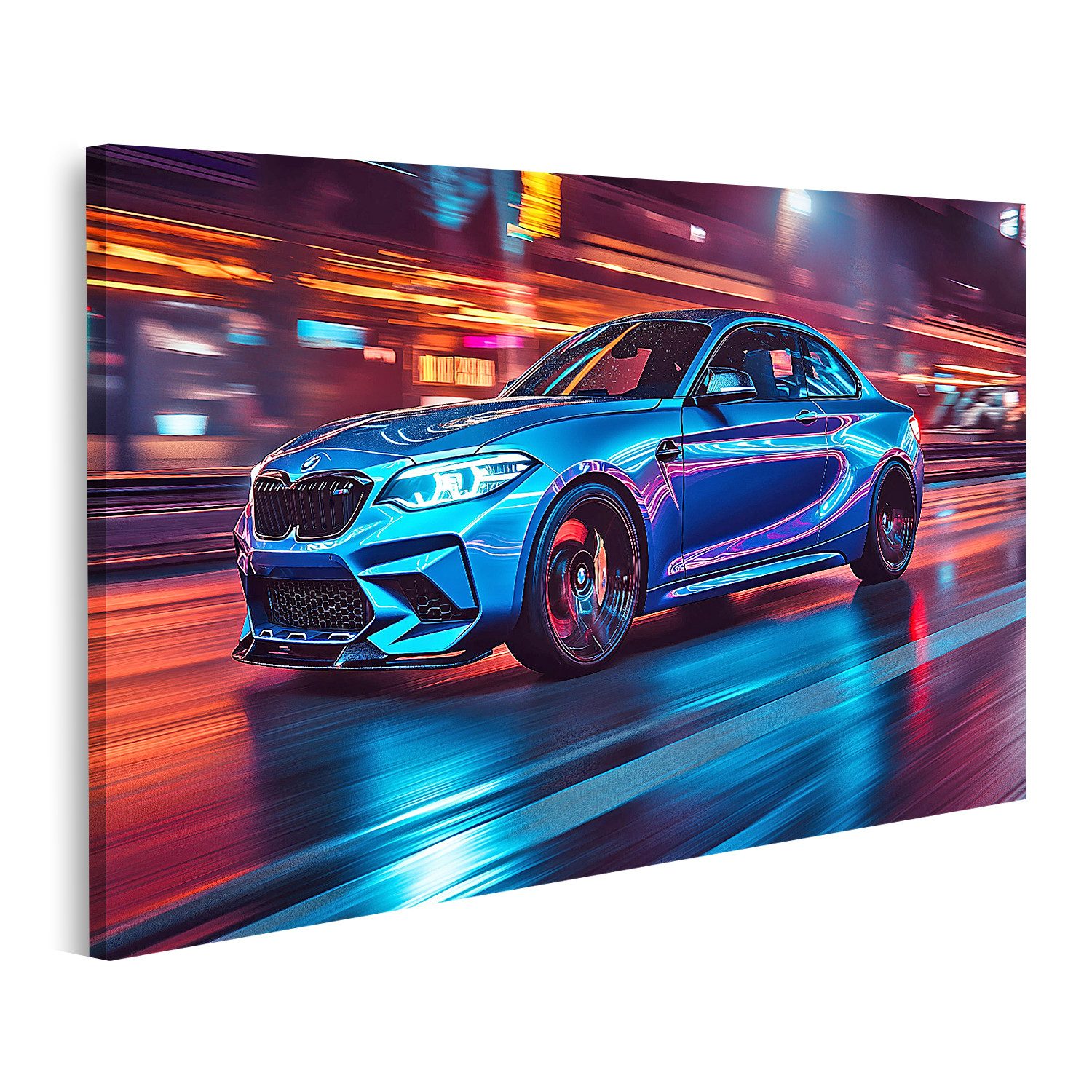 islandburner Leinwandbild Leuchtendes Auto in nächtlicher Stadtgeschwindigkeit Wandbild