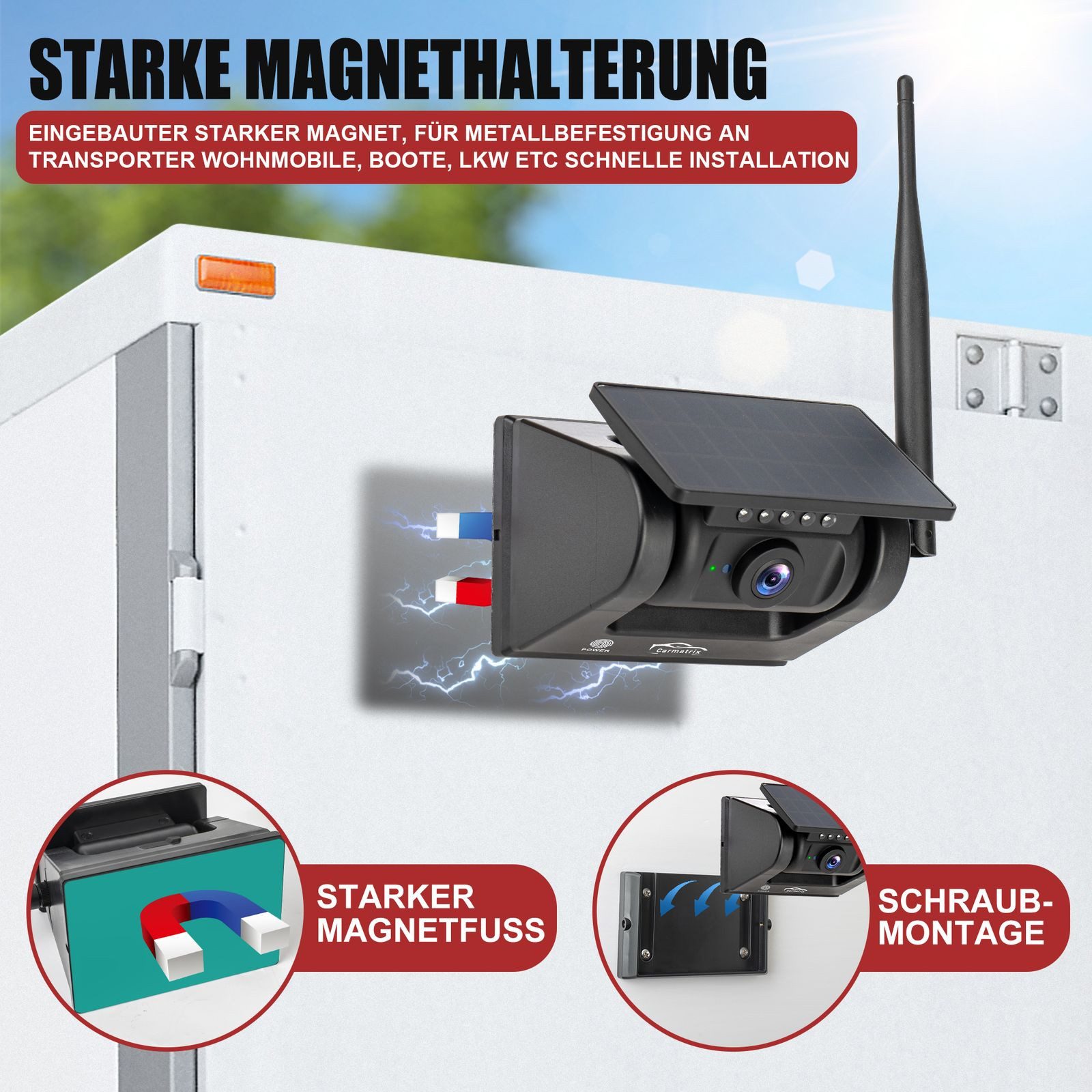 CARMATRIX D50E Solar KI Rückfahrsystem mit Magnet HD für Wohnmobil LKW mit App Rückfahrkamera (Solar WLAN Auto Wohnmobil Funk Rückfahrkamera HD Magnet Smartphon – Bild 4 von 5