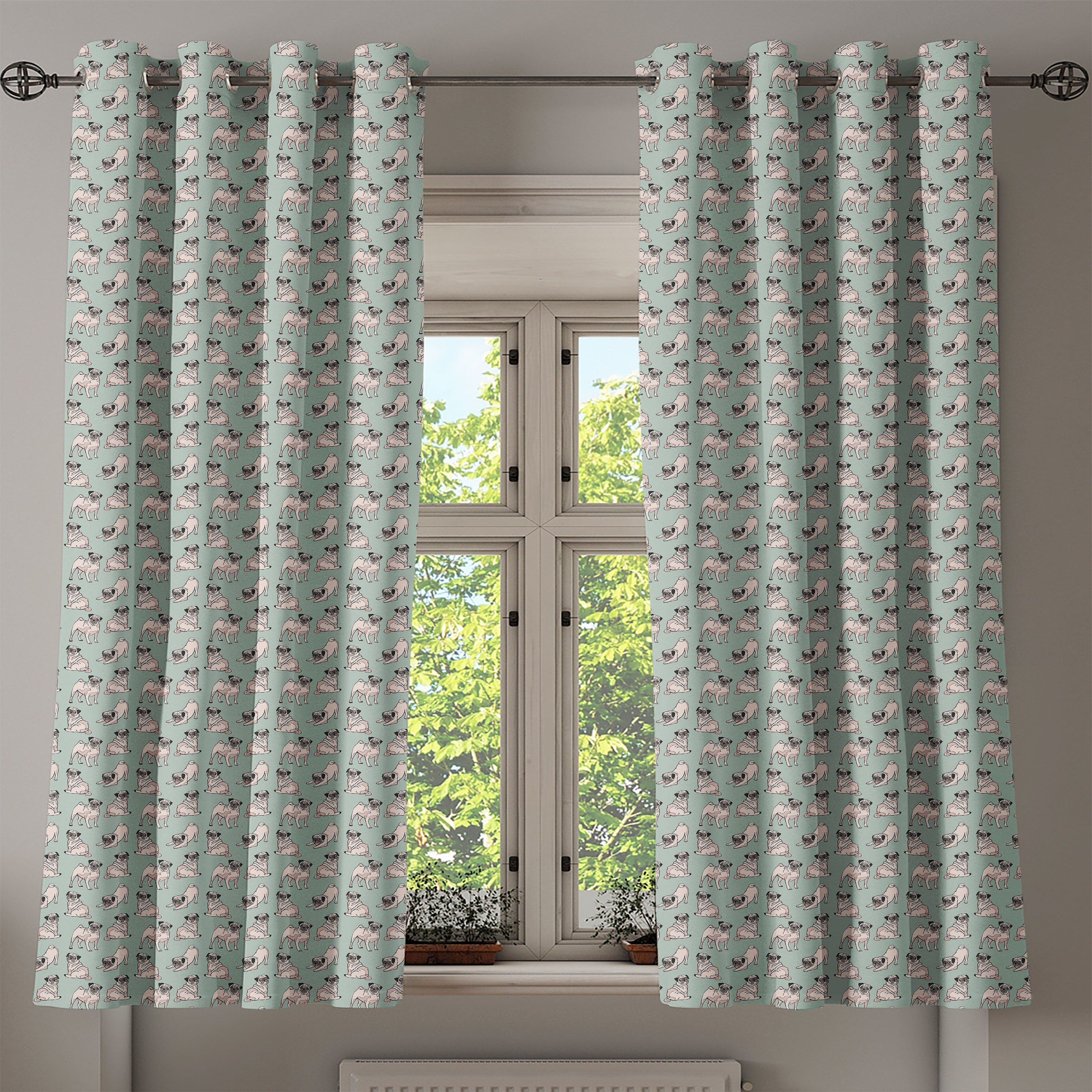 Wohnzimmer, Hund Mops Dehnen Abakuhaus, Sitzen Gardine 2-Panel-Fenstervorhänge Dekorative für Schlafzimmer